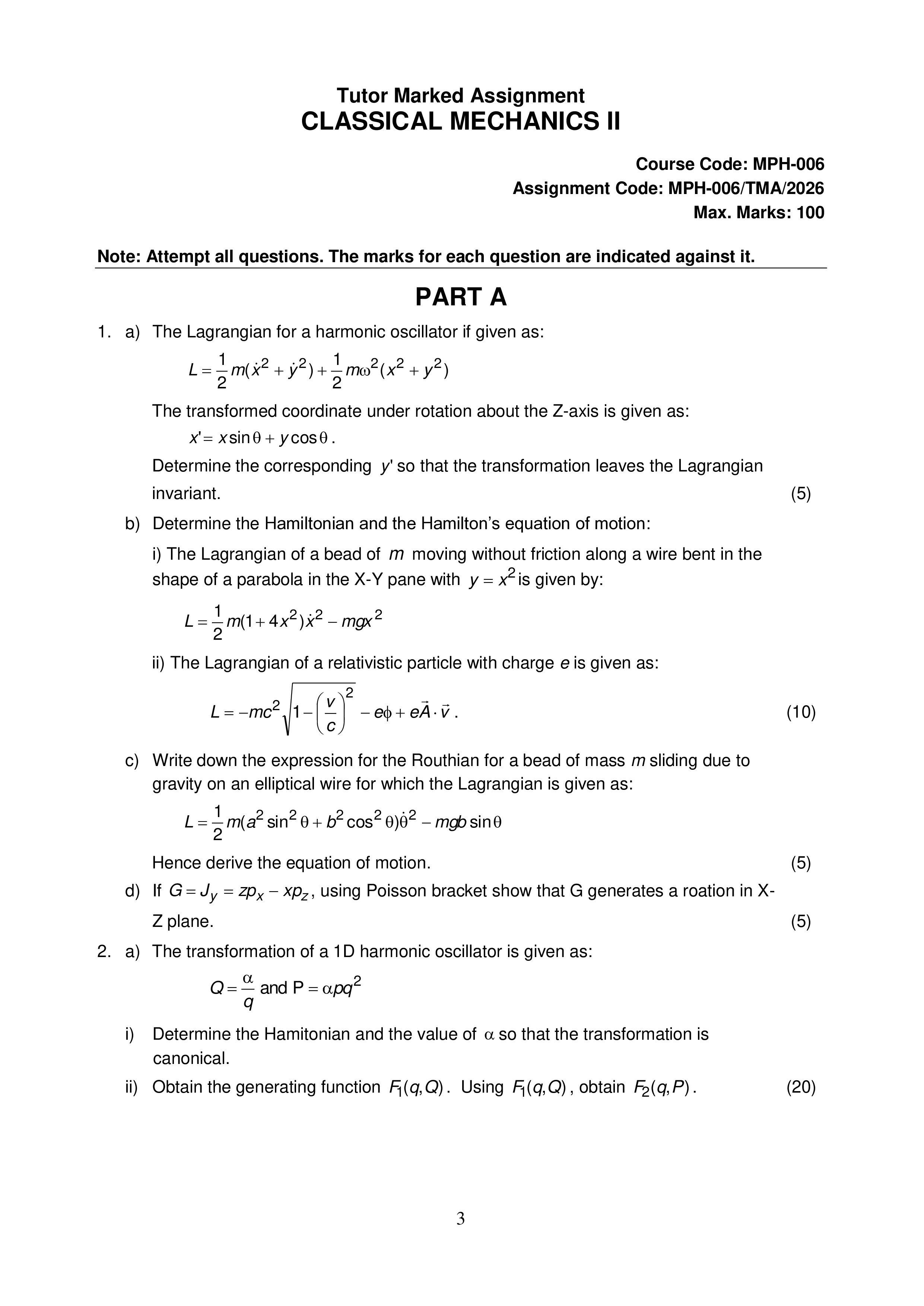 IGNOU MPH 006 Solved Assignment 2026-26 – Classical Mechanics-II (English) | IGNOU Students Portal