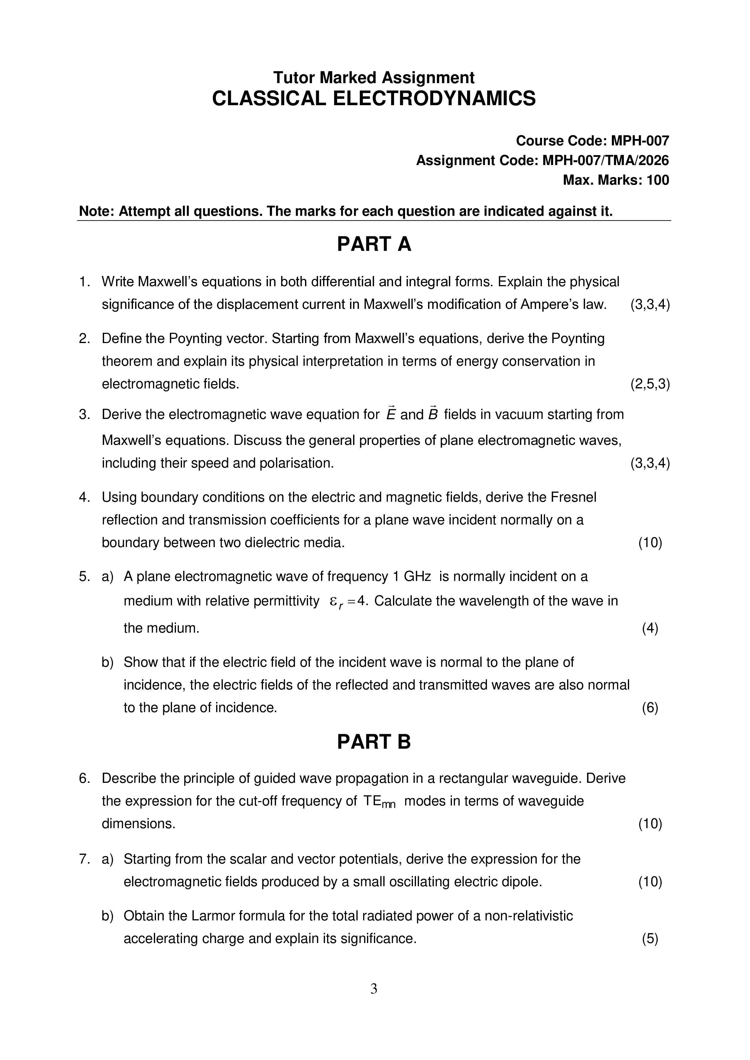 IGNOU MPH 007 Solved Assignment 2026-26 – Classical Electrodynamics (English) | IGNOU Students Portal