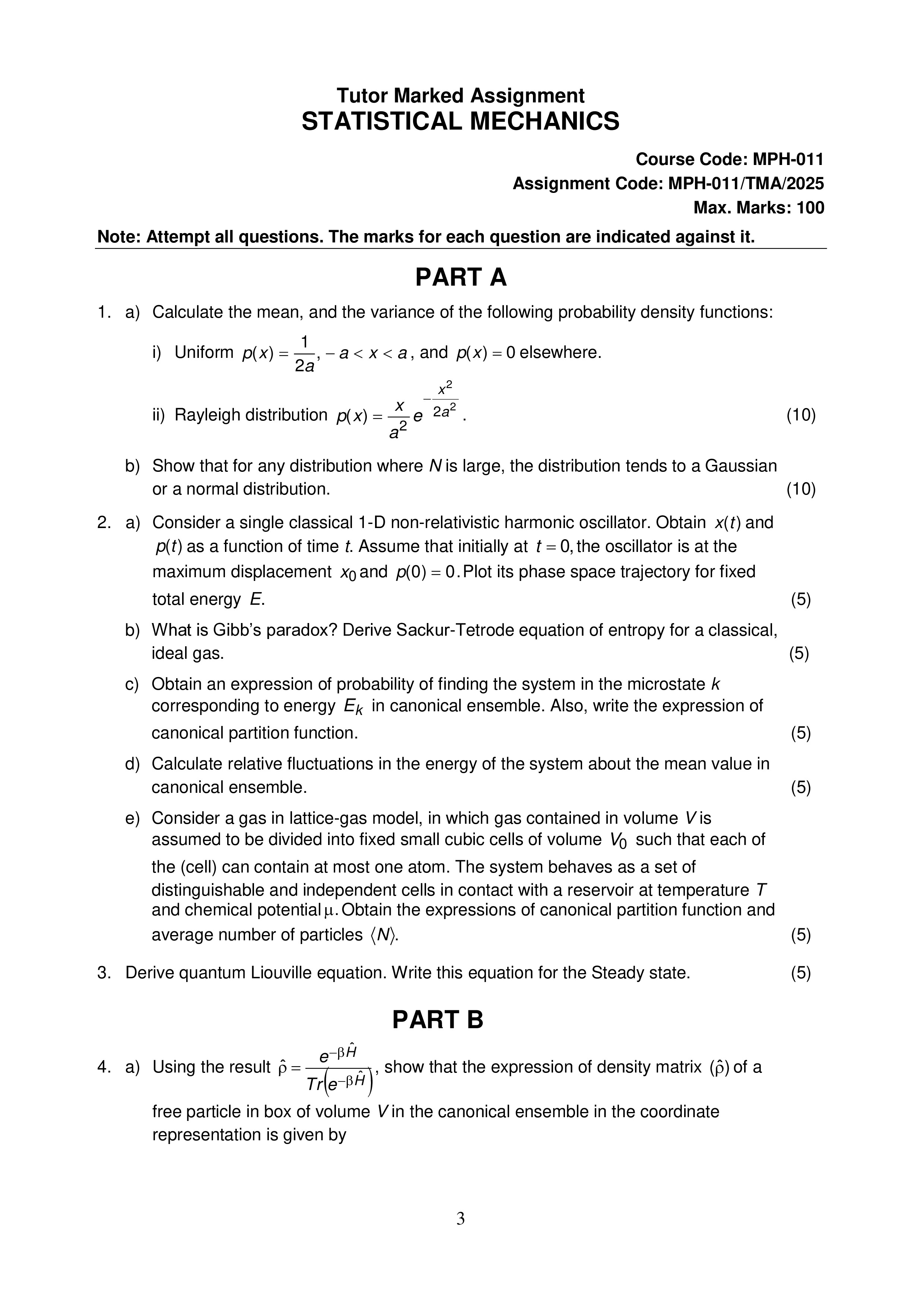 IGNOU MPH 011 Solved Assignment 2025-25 – Statistical Mechanics (English) | IGNOU Students Portal