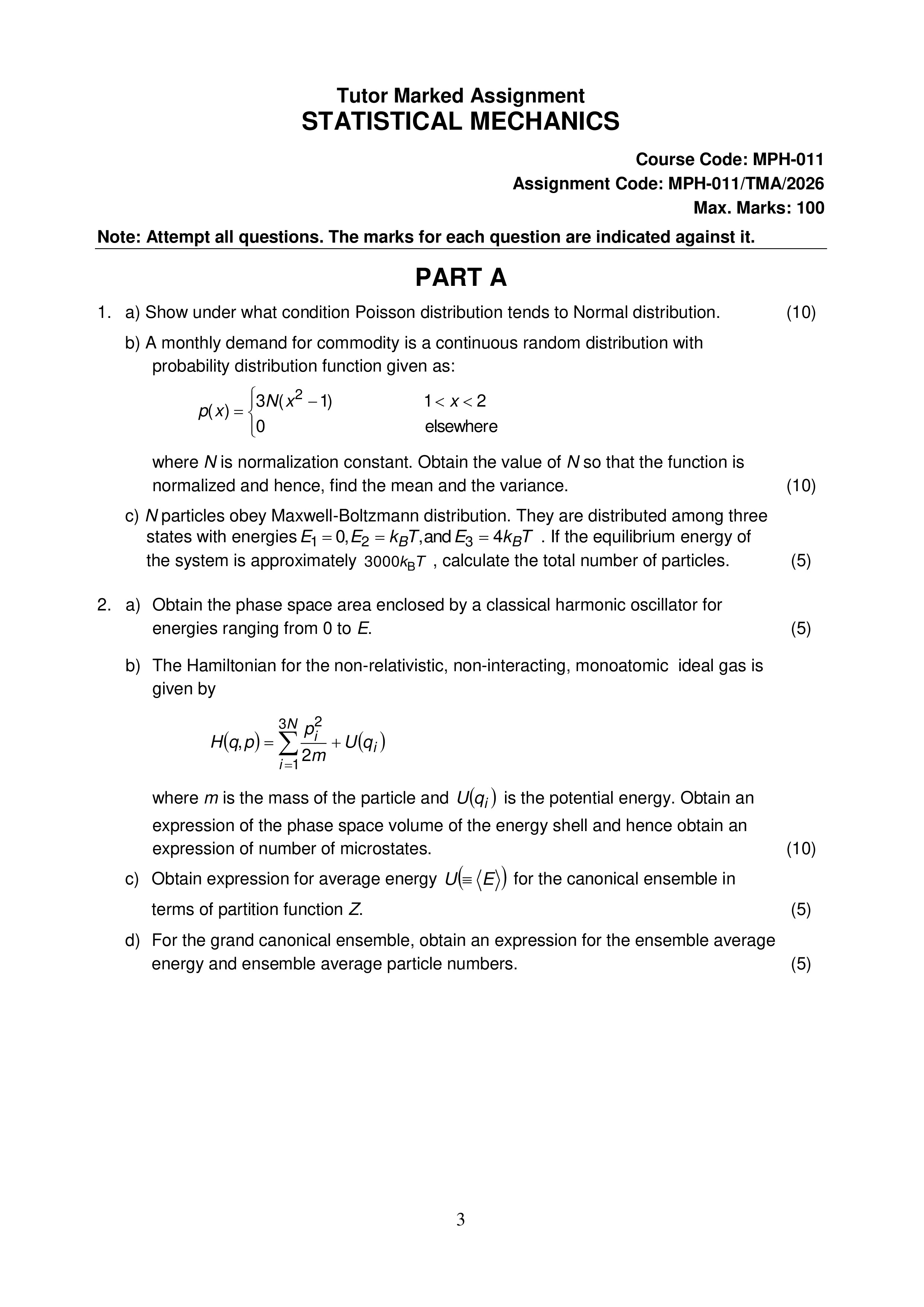 IGNOU MPH 011 Solved Assignment 2026-26 – Statistical Mechanics (English) | IGNOU Students Portal
