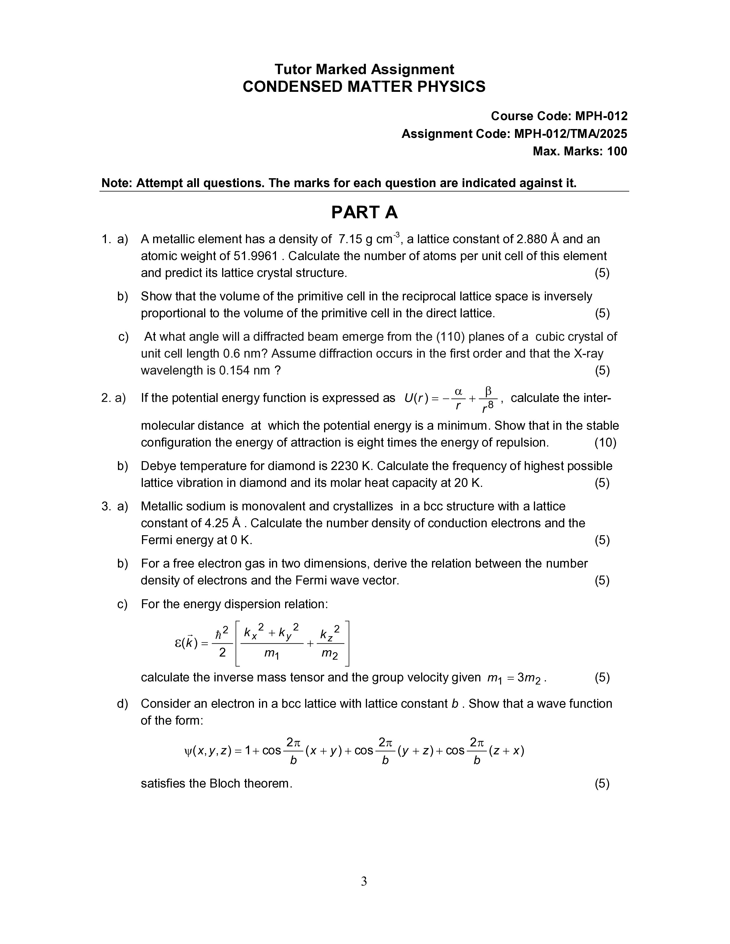 IGNOU MPH 012 Solved Assignment 2025-25 – Condensed Matter Physics (English) | IGNOU Students Portal