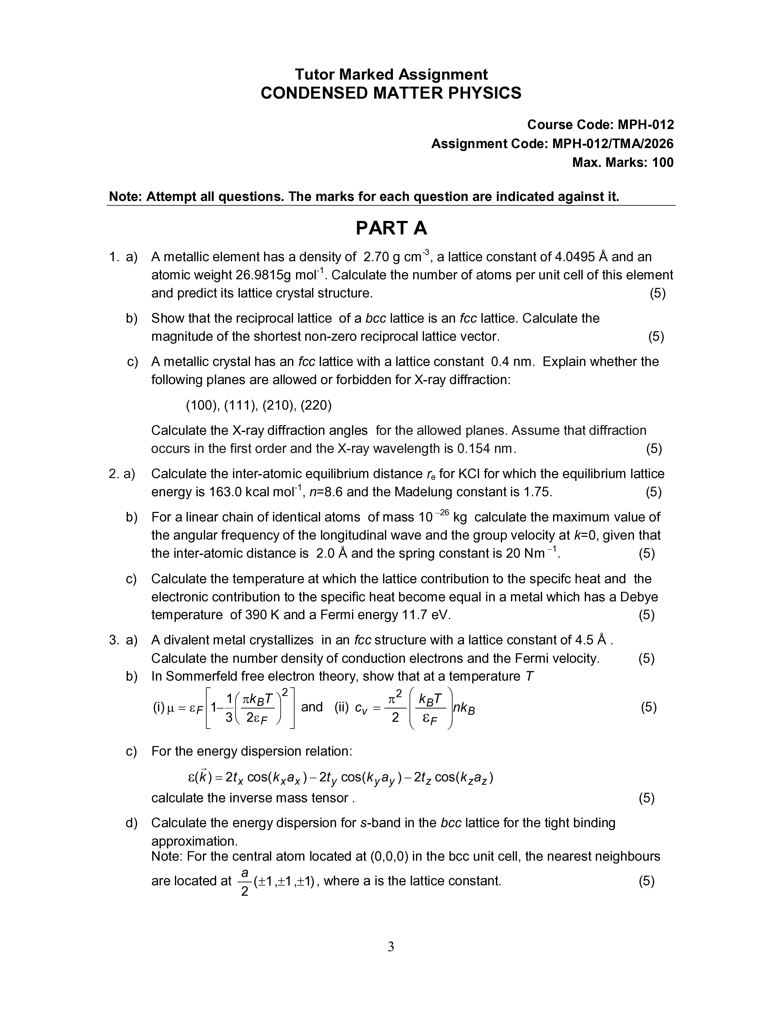 IGNOU MPH 012 Solved Assignment 2026-26 – Condensed Matter Physics (English) | IGNOU Students Portal
