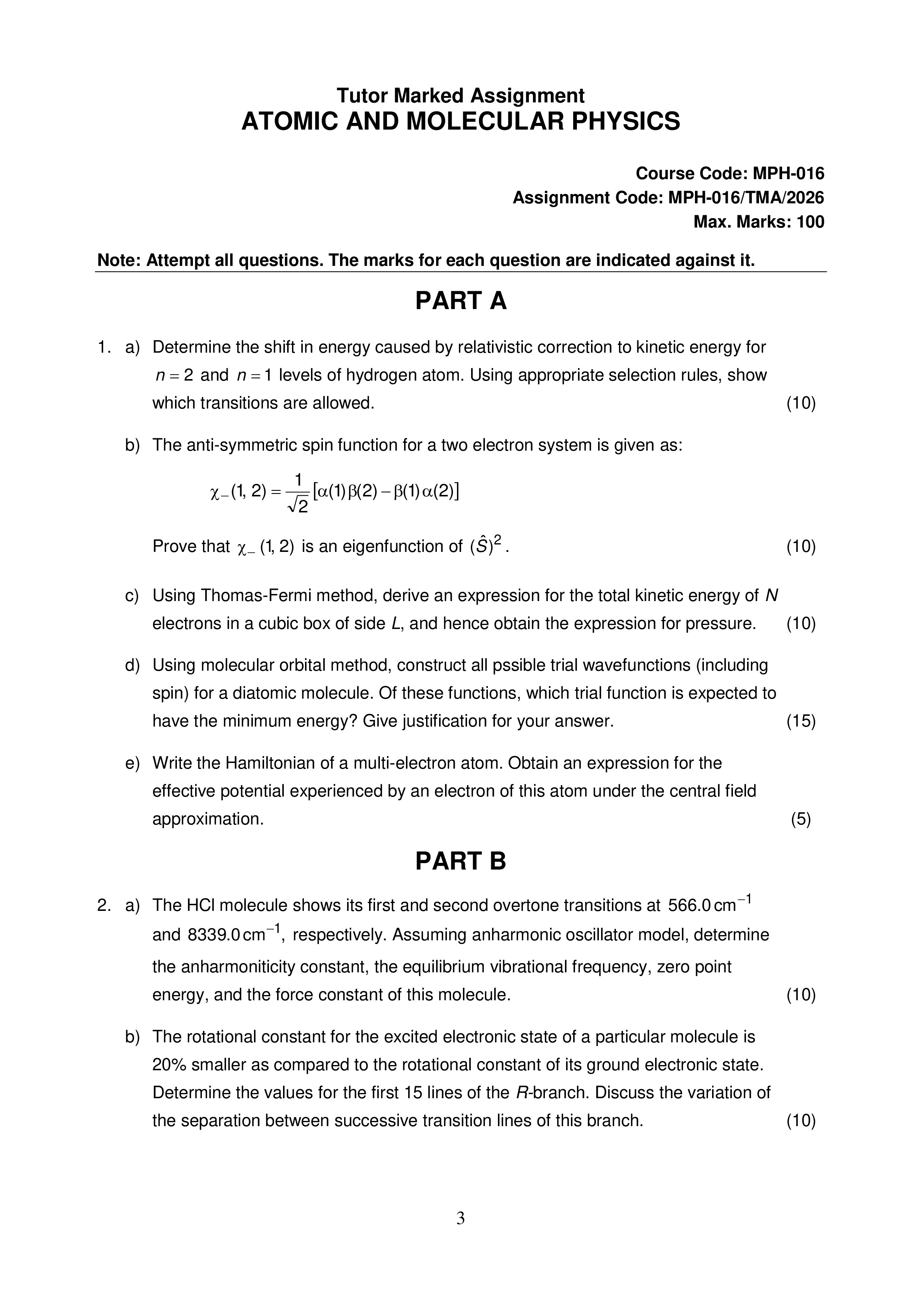 IGNOU MPH 016 Solved Assignment 2026-26 – Atomic and Molecular Physics (English) | IGNOU Students Portal