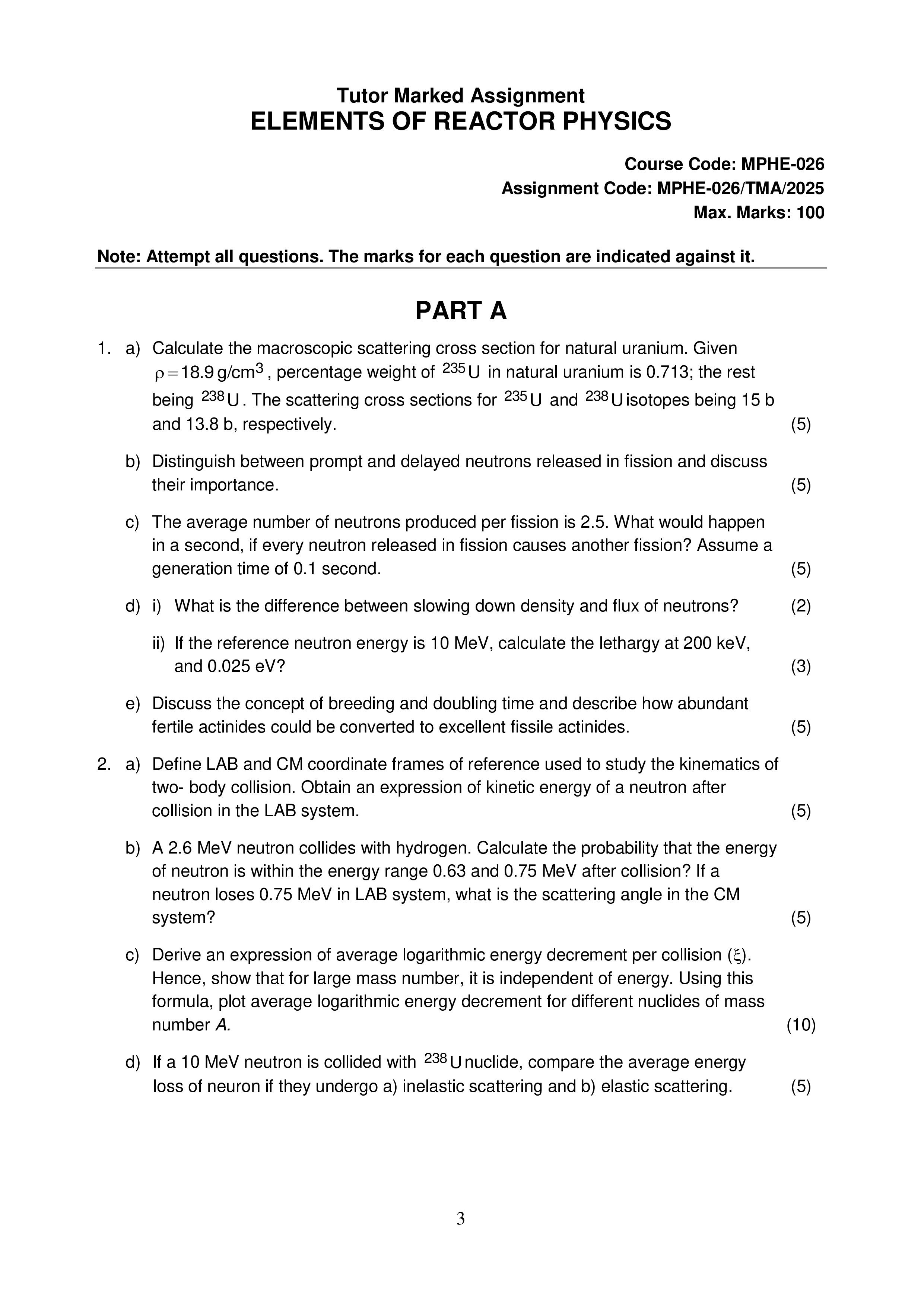 IGNOU MPHE 026 Solved Assignment 2025-25 – Elements of Reactor Physics (English) | IGNOU Students Portal