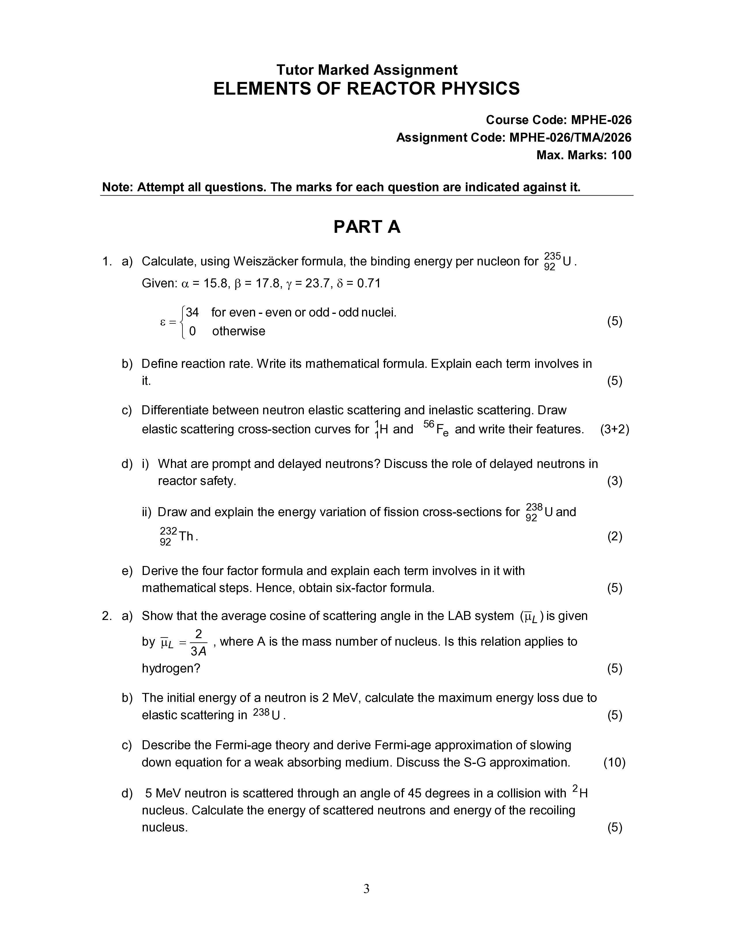 IGNOU MPHE 026 Solved Assignment 2026-26 – Elements of Reactor Physics (English) | IGNOU Students Portal