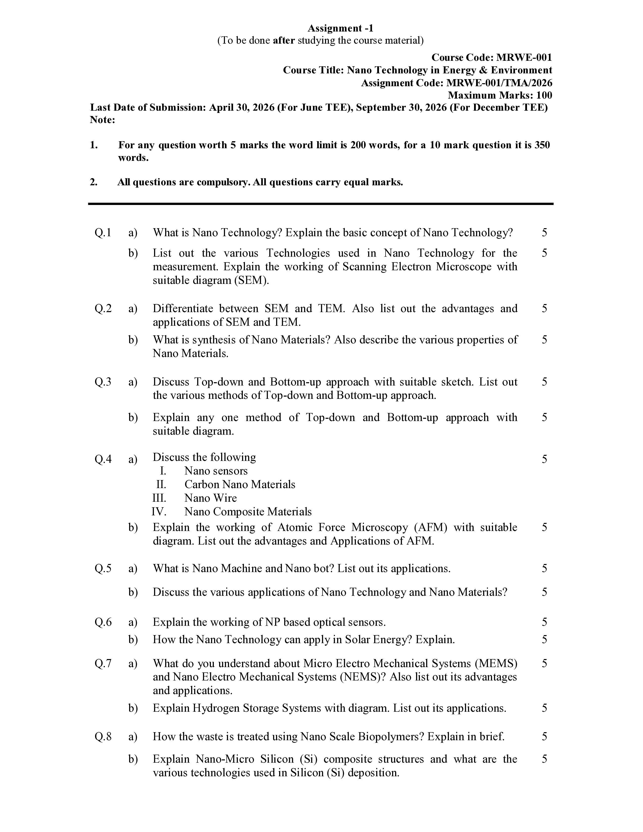 IGNOU MRWE 001 Solved Assignment 2026-26 – NANOTECHNOLOGY IN ENERGY AND ENVIRONMENT (English) | IGNOU Students Portal