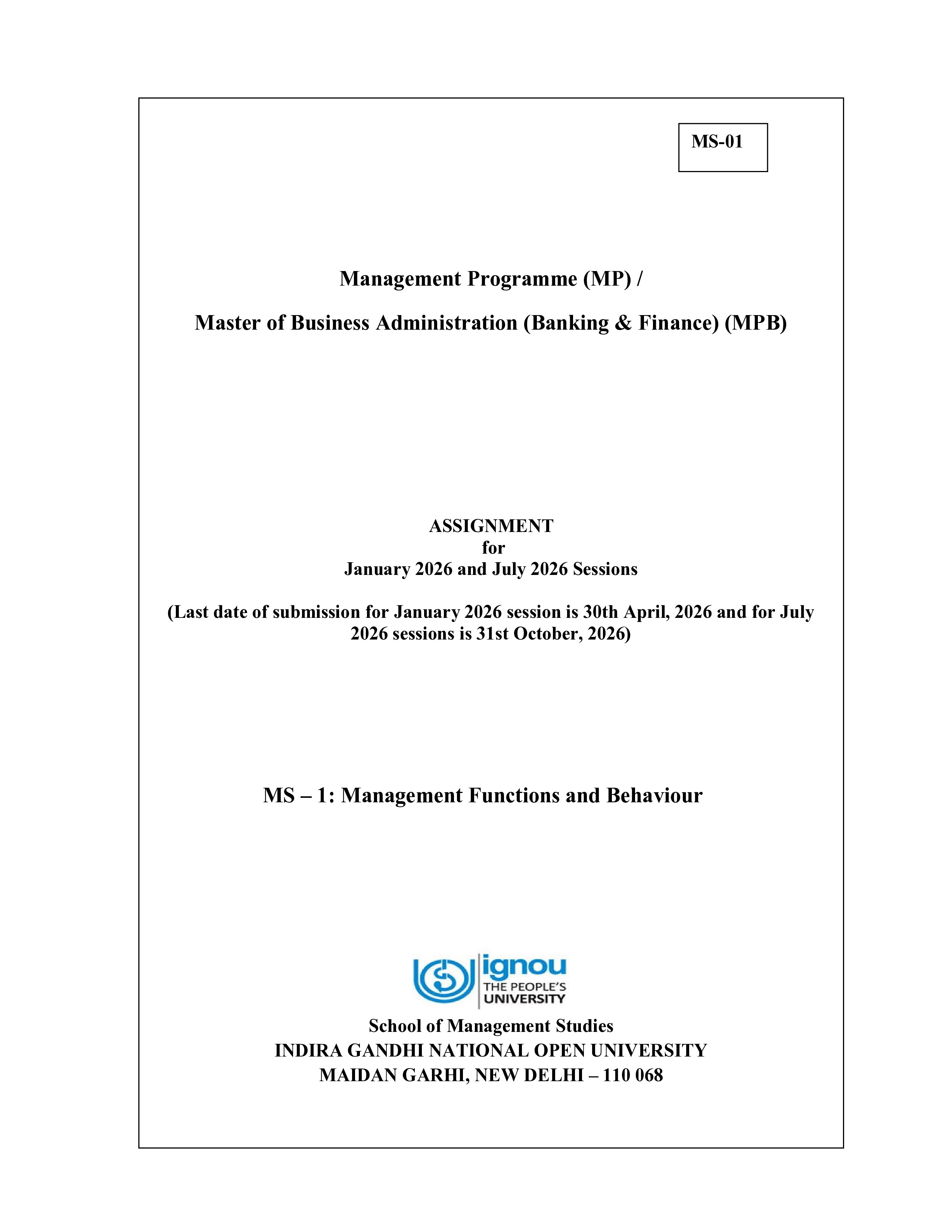 IGNOU MS 001 Solved Assignment 2026-26 – Management Functions and Behaviour (English) | IGNOU Students Portal
