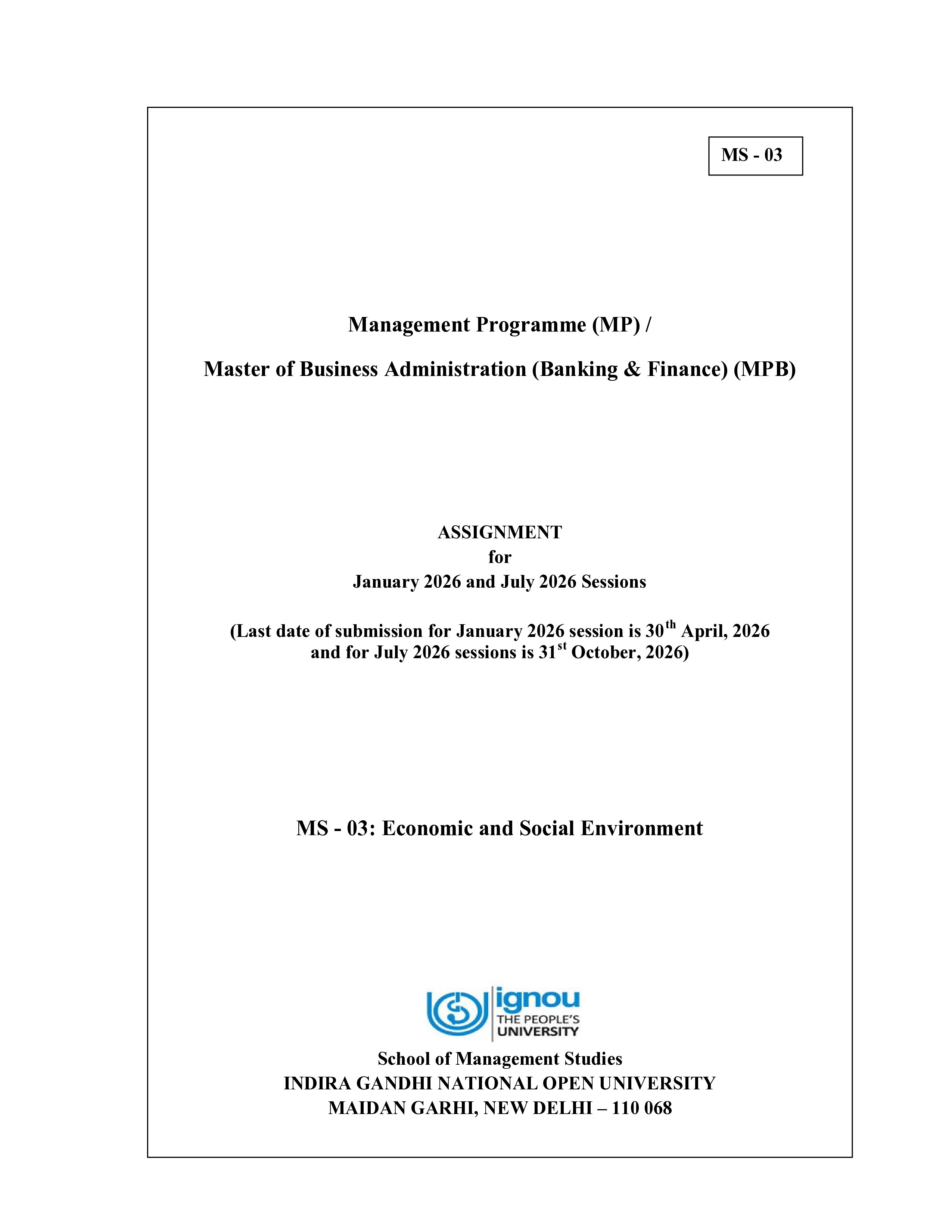 IGNOU MS 003 Solved Assignment 2026-26 – Economic and Social Environment (English) | IGNOU Students Portal