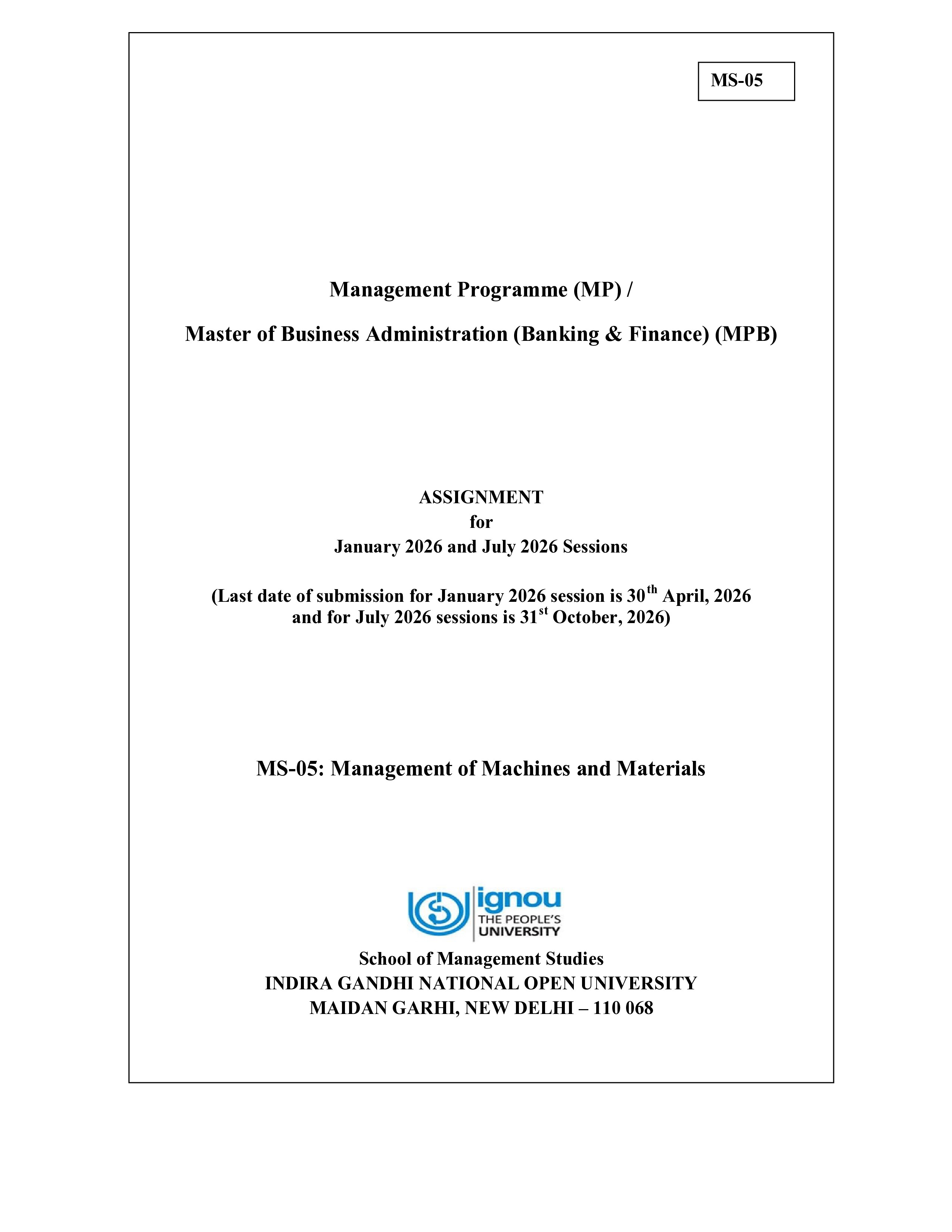 IGNOU MS 005 Solved Assignment 2026-26 – Management of Machines and Materials (English) | IGNOU Students Portal