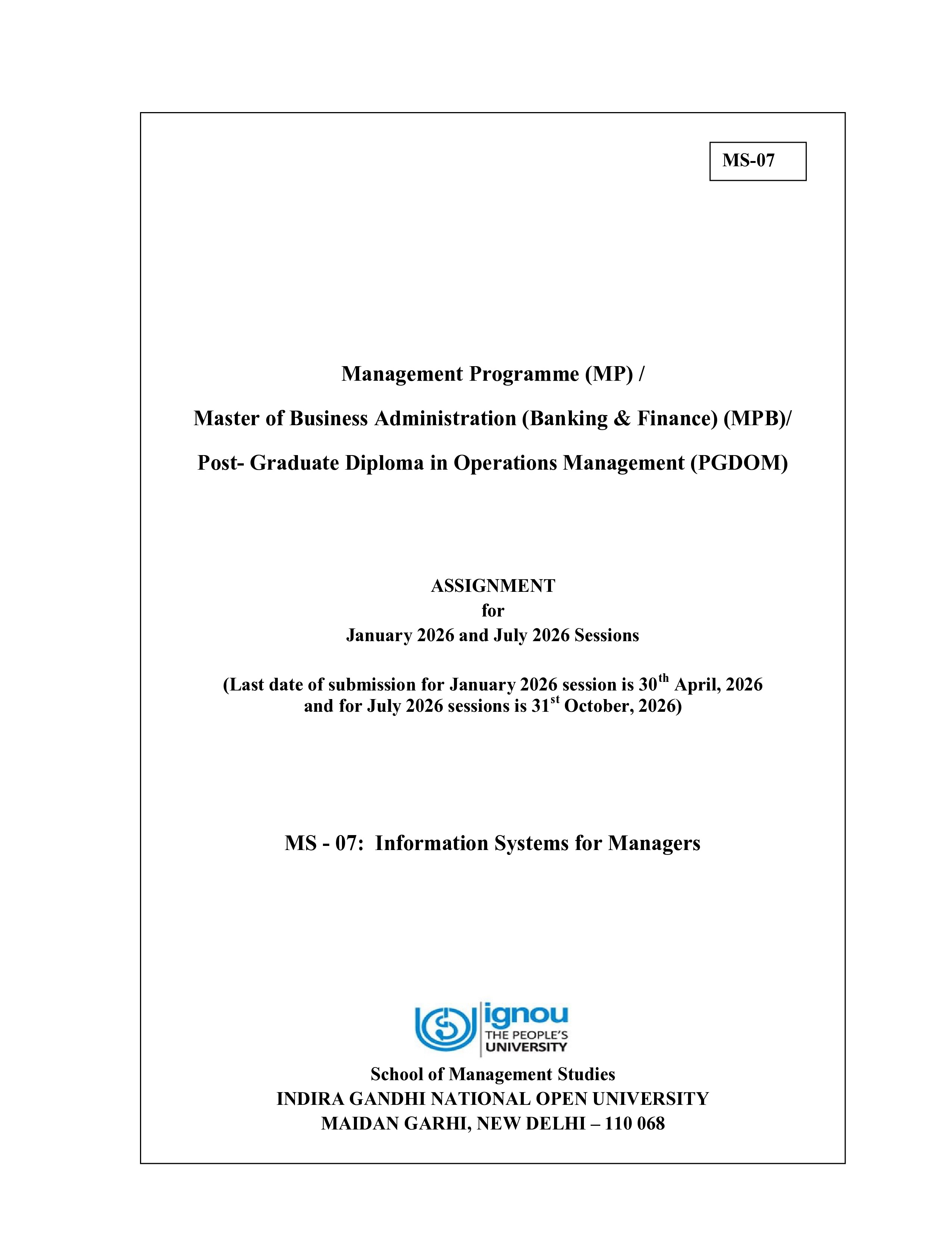 IGNOU MS 007 Solved Assignment 2026-26 – Information Systems for Managers (English) | IGNOU Students Portal