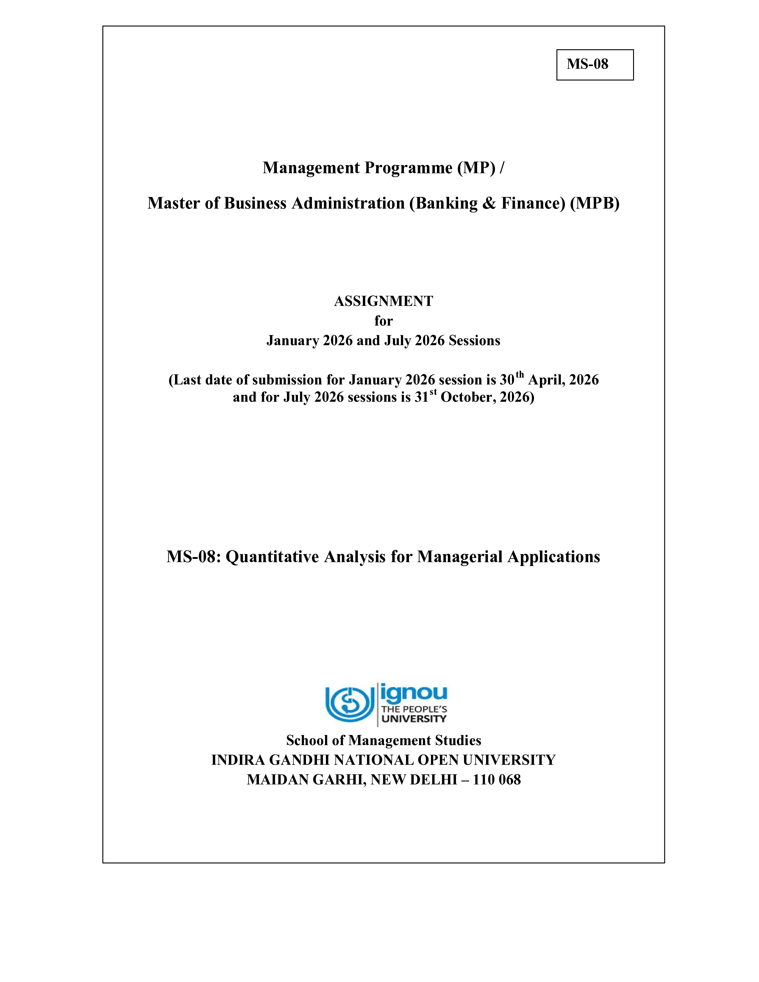 IGNOU MS 008 Solved Assignment 2026-26 – Quantitative Analysis for Managerial Applications (English) | IGNOU Students Portal