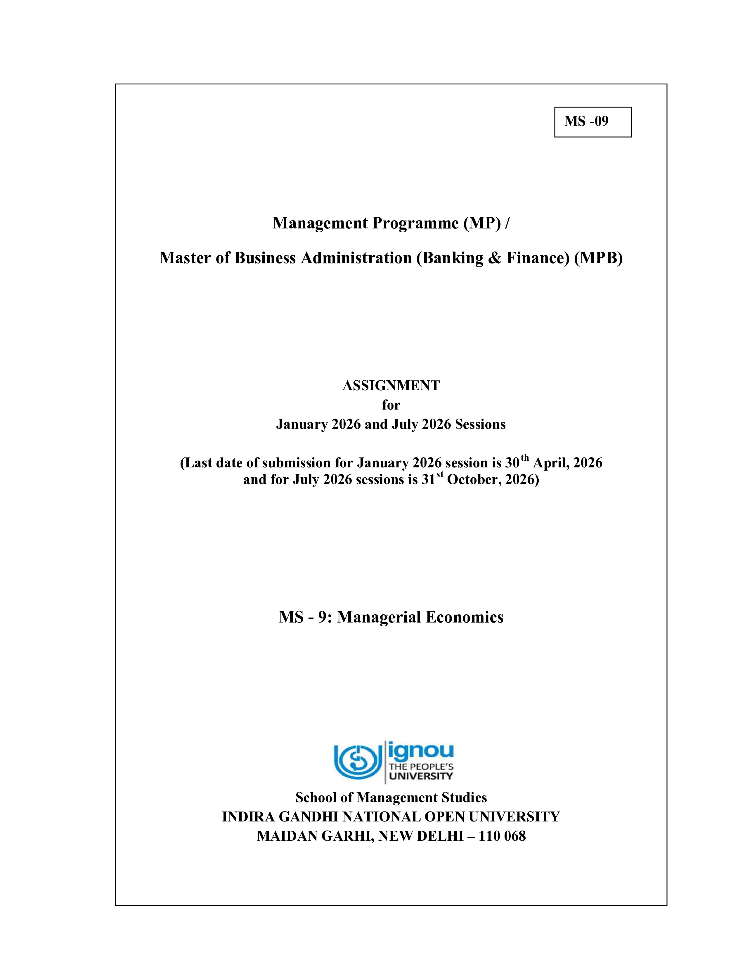 IGNOU MS 009 Solved Assignment 2026-26 – Managerial Economics (English) | IGNOU Students Portal