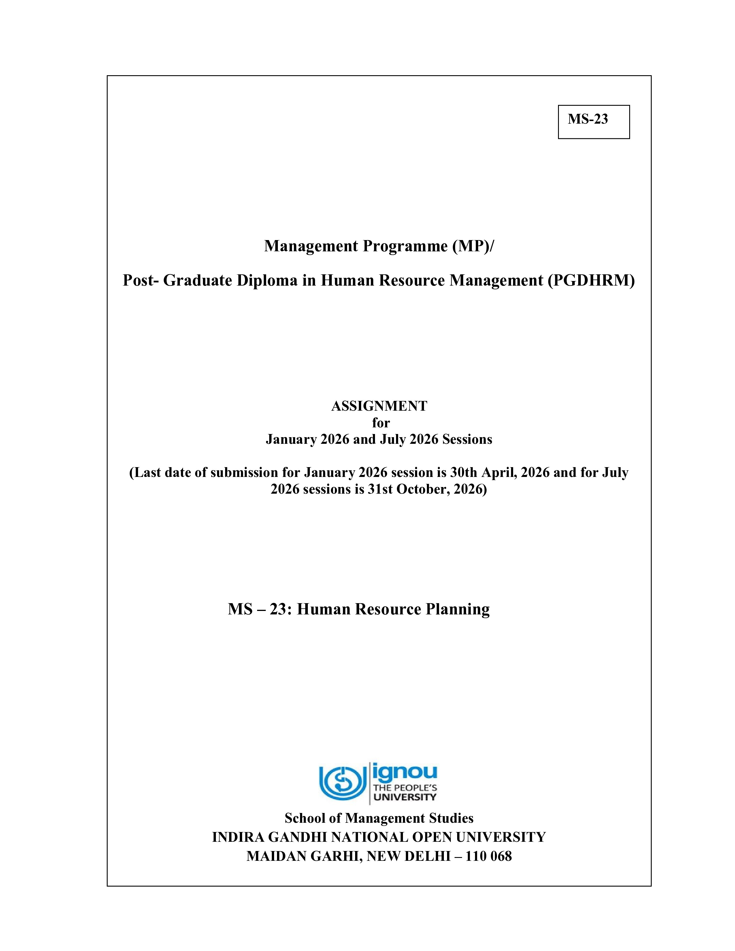 IGNOU MS 023 Solved Assignment 2026-26 – Human Resource Planning (English) | IGNOU Students Portal