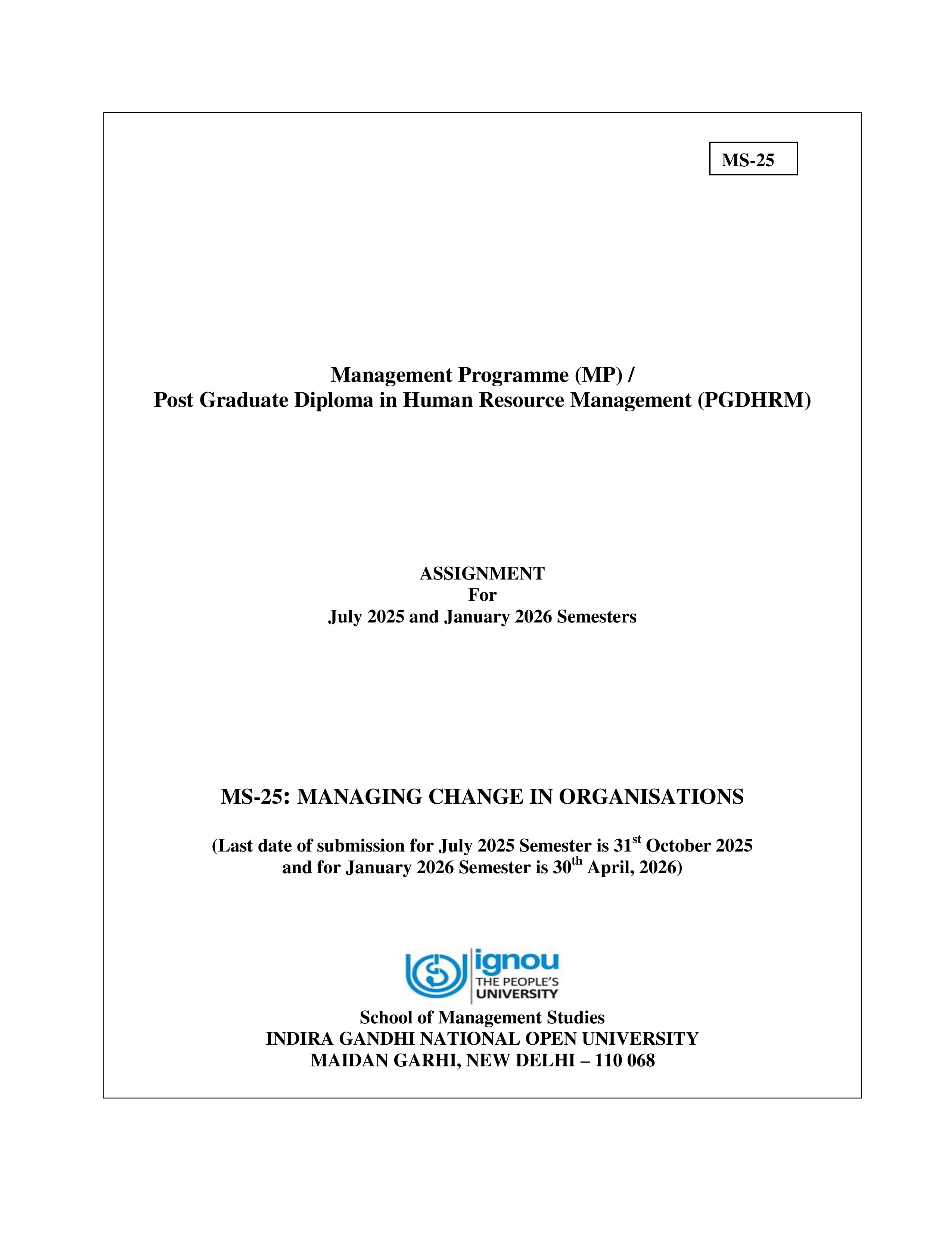 IGNOU MS 025 Solved Assignment 2025-2026 – Managing Change in Organisations (English) | IGNOU Students Portal