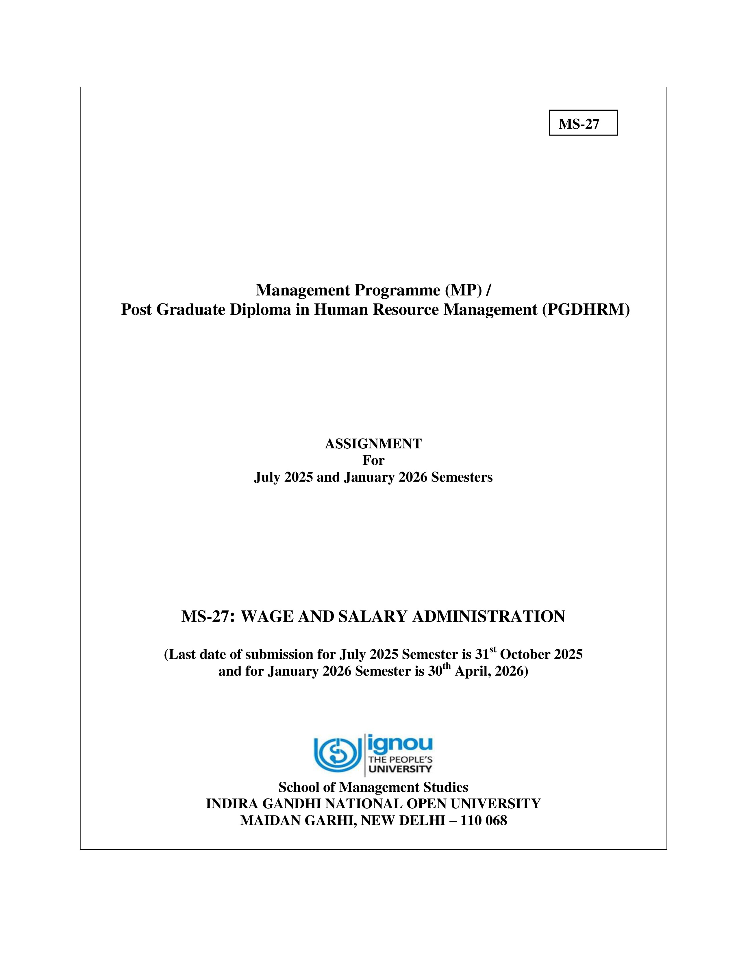 IGNOU MS 027 Solved Assignment 2025-2026 – Wage and Salary Administration (English) | IGNOU Students Portal