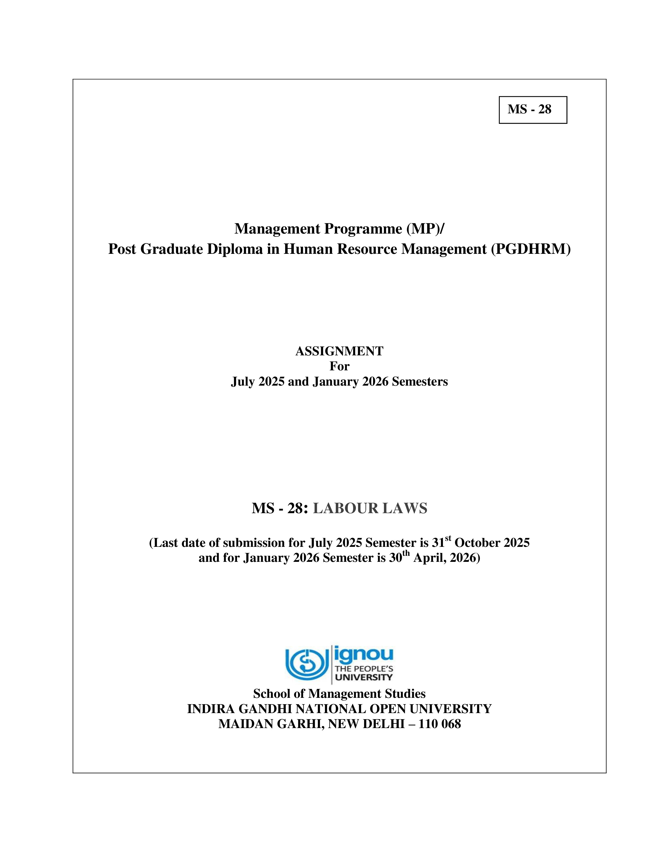 IGNOU MS 028 Solved Assignment 2025-2026 – Labour Laws (English) | IGNOU Students Portal