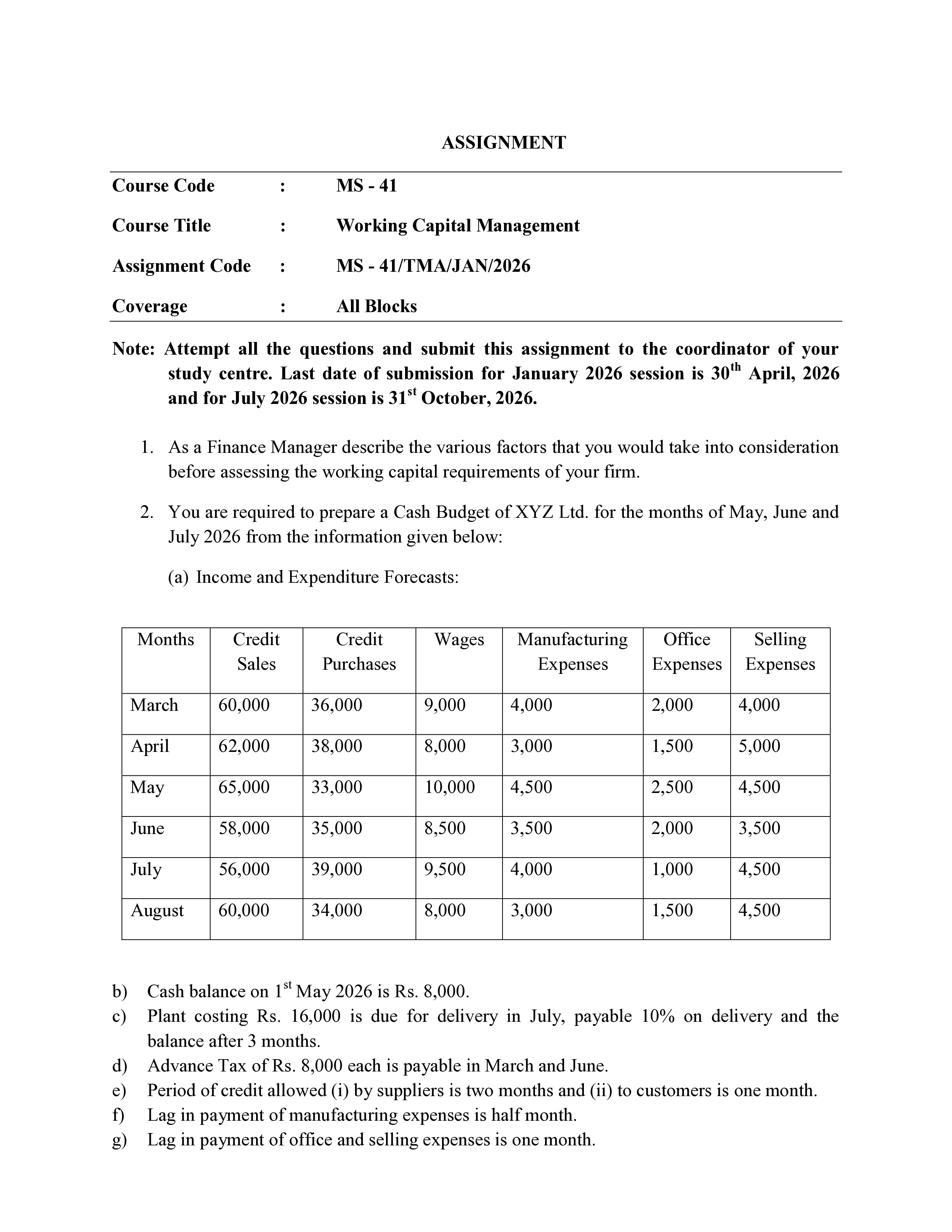 IGNOU MS 041 Solved Assignment 2026-26 – Working Capital Management (English) | IGNOU Students Portal