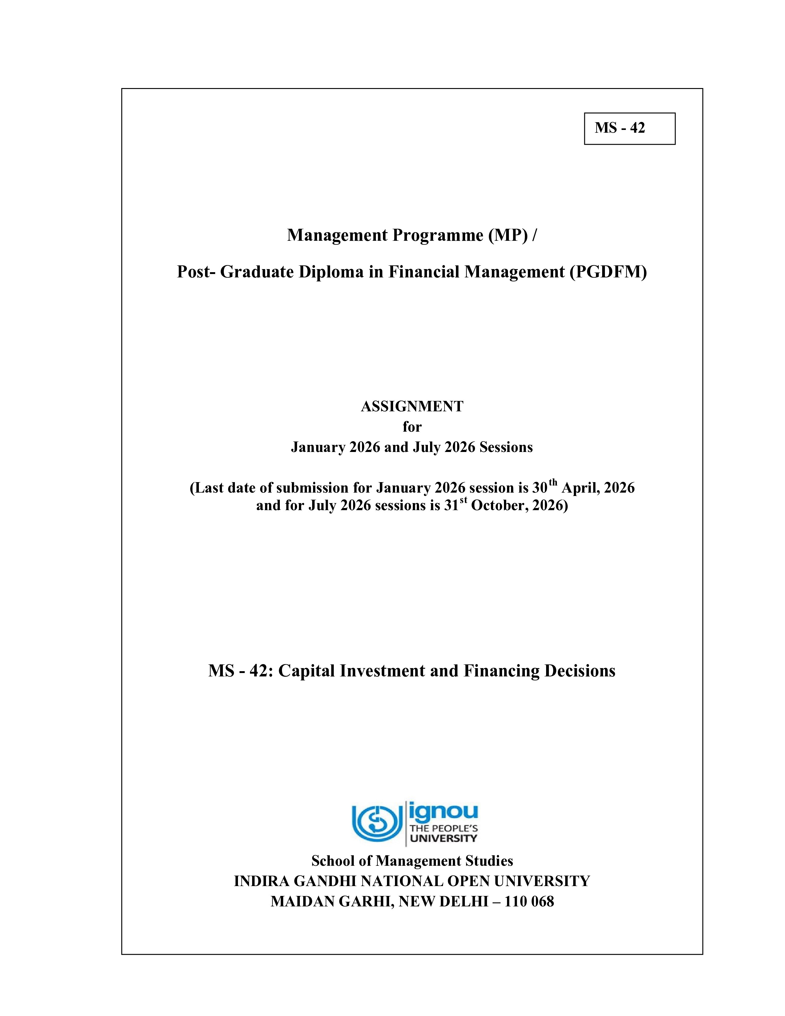 IGNOU MS 042 Solved Assignment 2026-26 – Capital Investment and Financing Decisions (English) | IGNOU Students Portal
