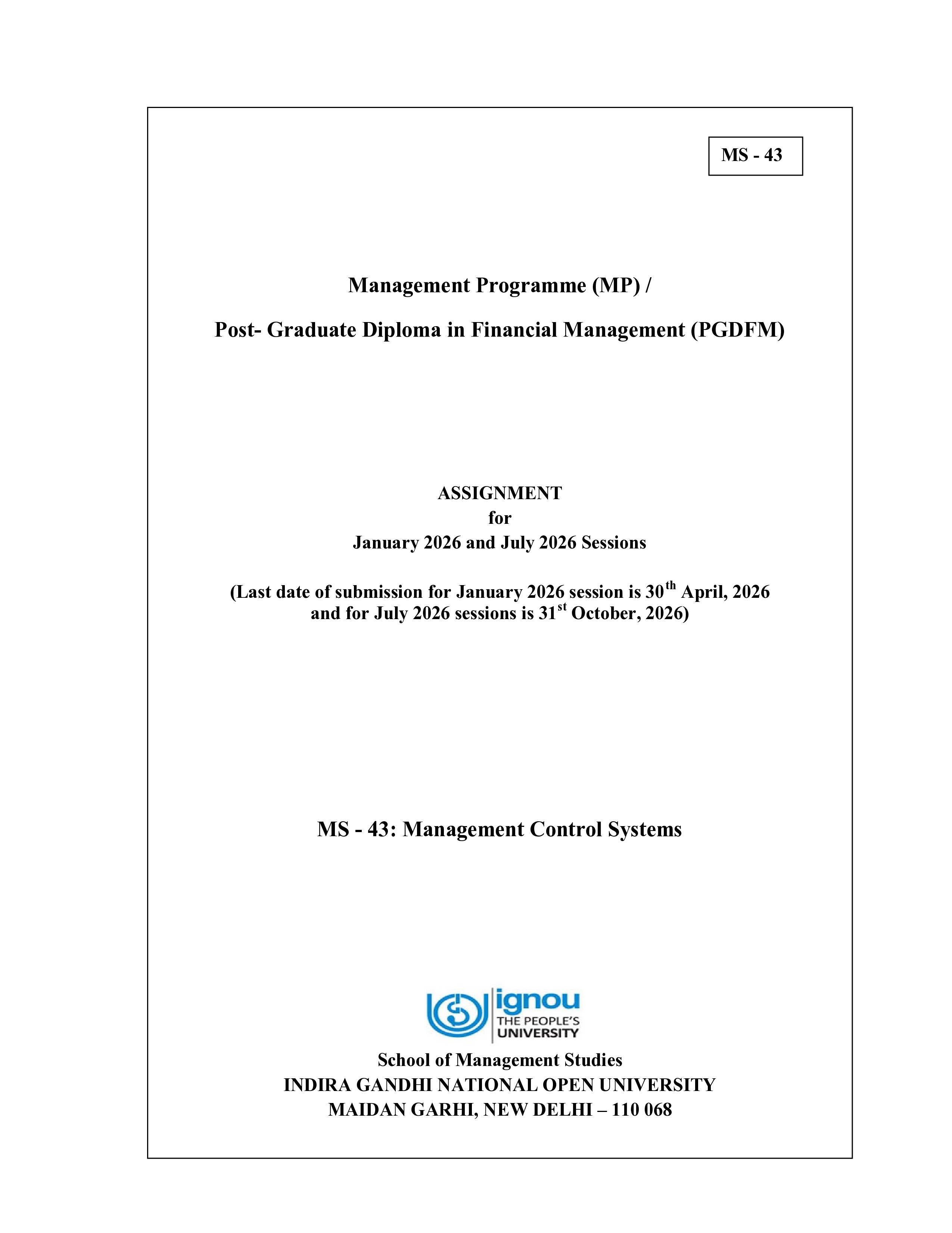 IGNOU MS 043 Solved Assignment 2026-26 – Management Control Systems (English) | IGNOU Students Portal