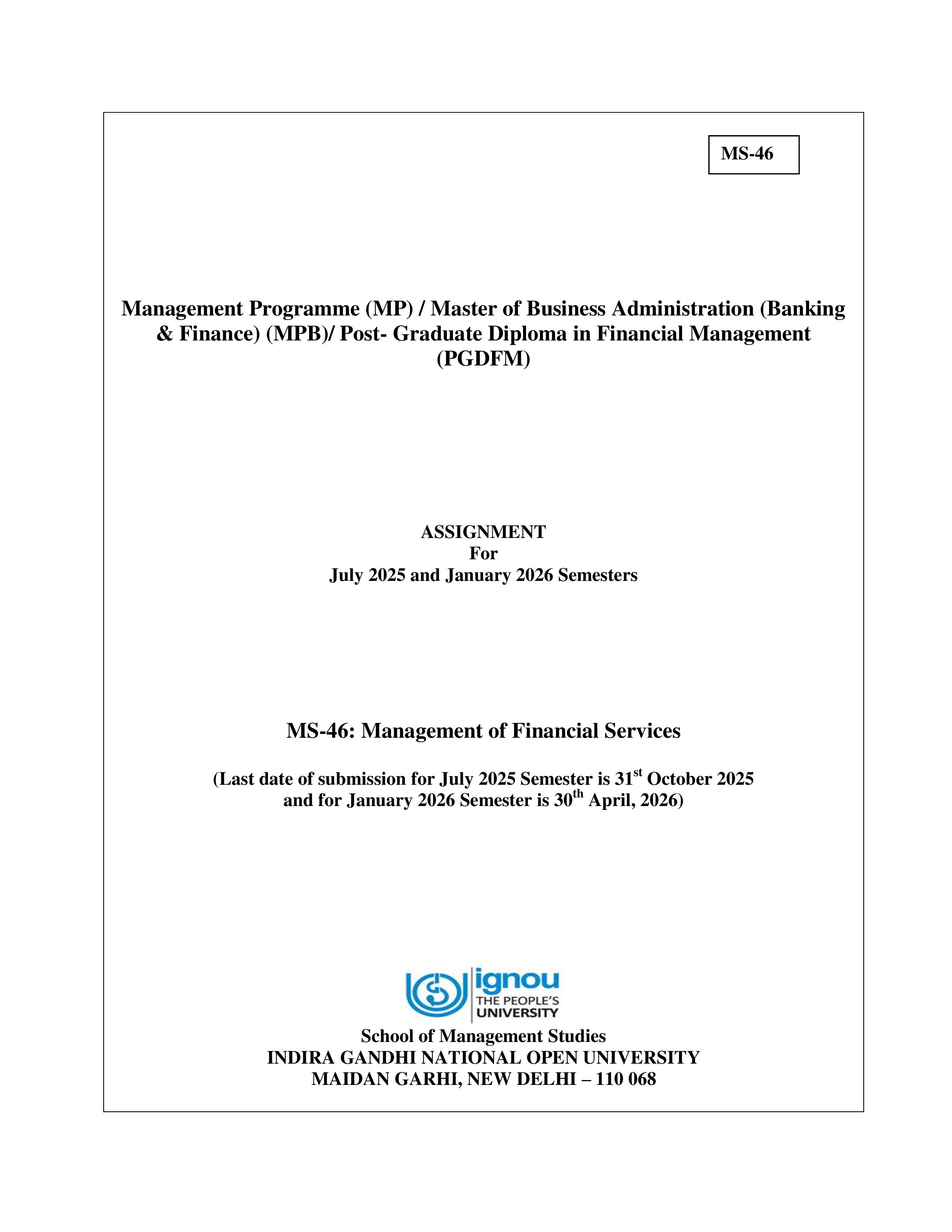 IGNOU MS 046 Solved Assignment 2025-2026 – Management of Financial Services (English) | IGNOU Students Portal