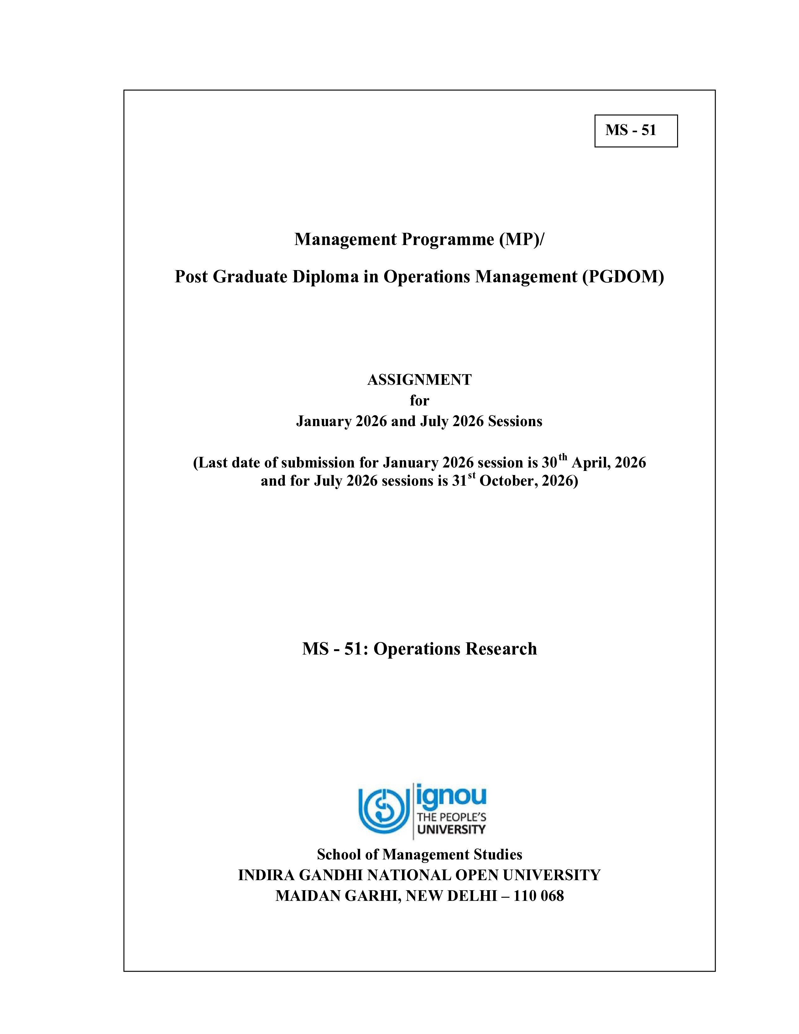 IGNOU MS 051 Solved Assignment 2026-26 – Operations Research (English) | IGNOU Students Portal