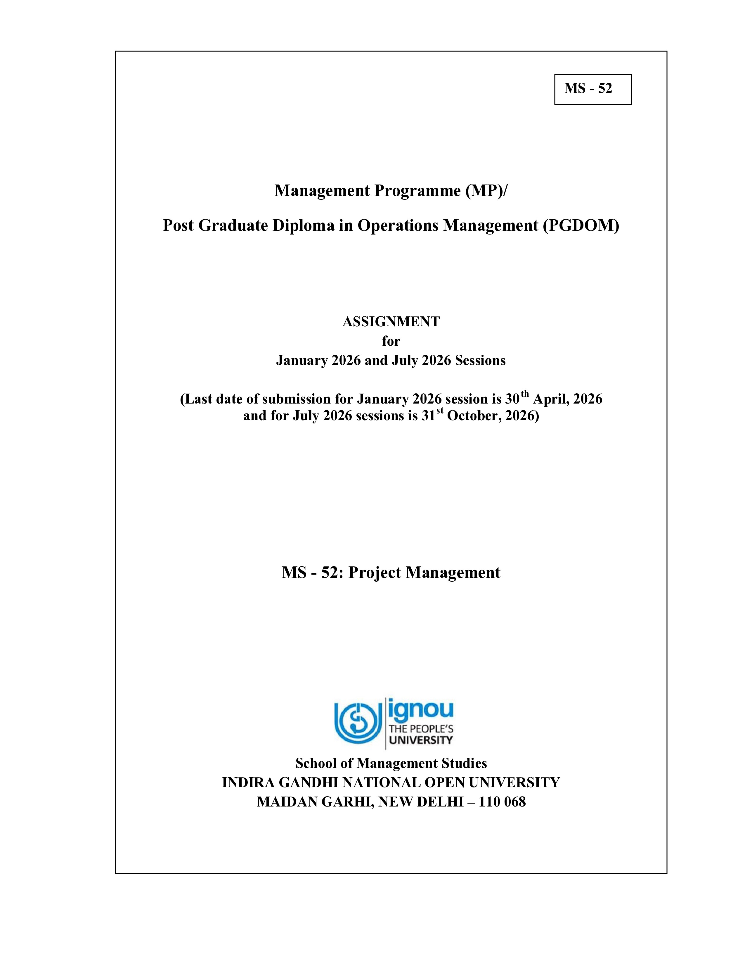 IGNOU MS 052 Solved Assignment 2026-26 – Project Management (English) | IGNOU Students Portal