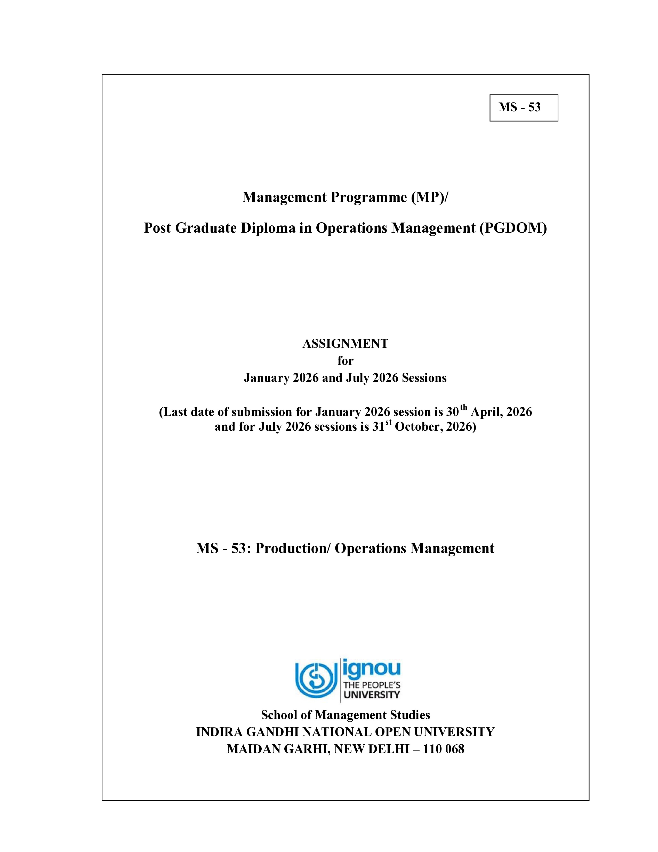 IGNOU MS 053 Solved Assignment 2026-26 – Production/Operations Management (English) | IGNOU Students Portal