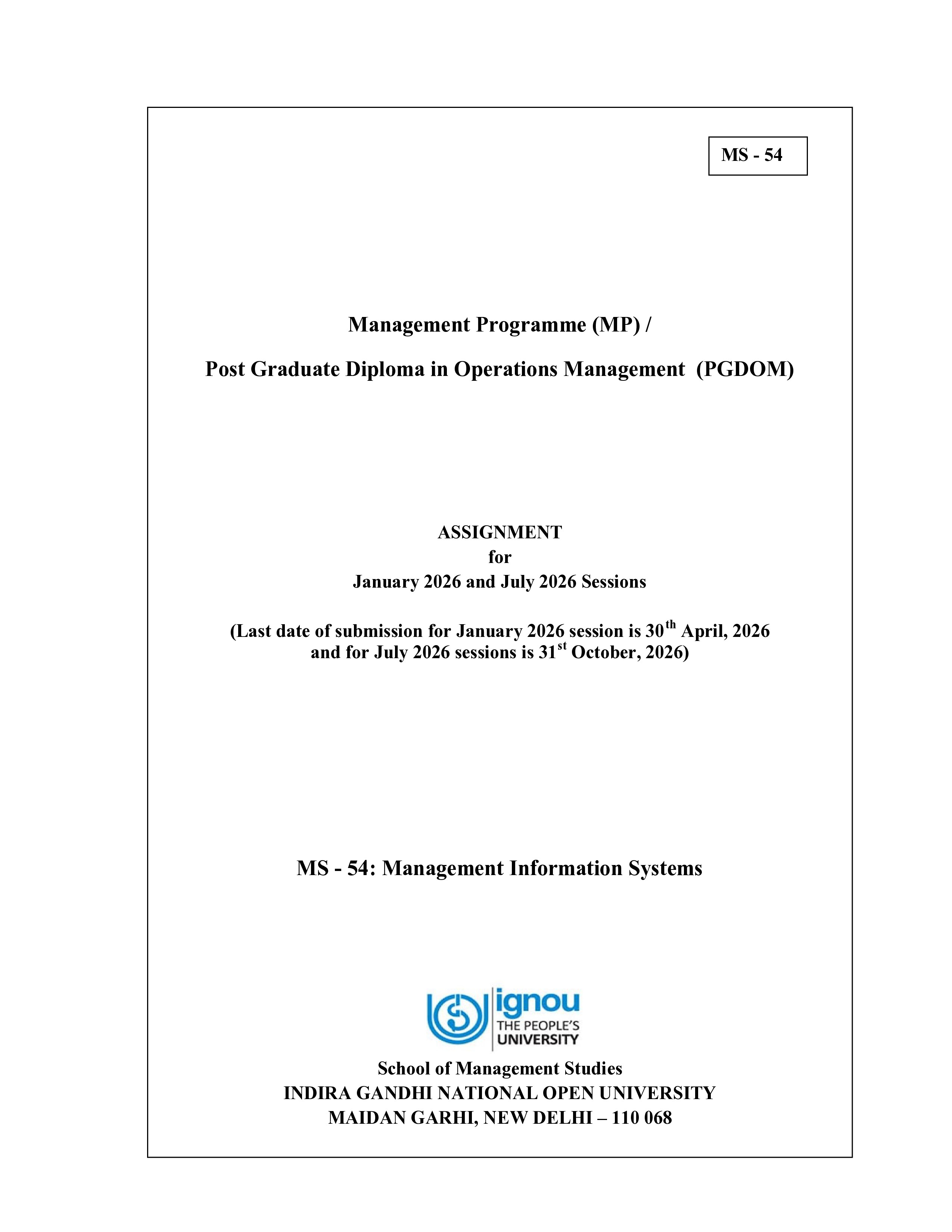 IGNOU MS 054 Solved Assignment 2026-26 – Management Information Systems (English) | IGNOU Students Portal