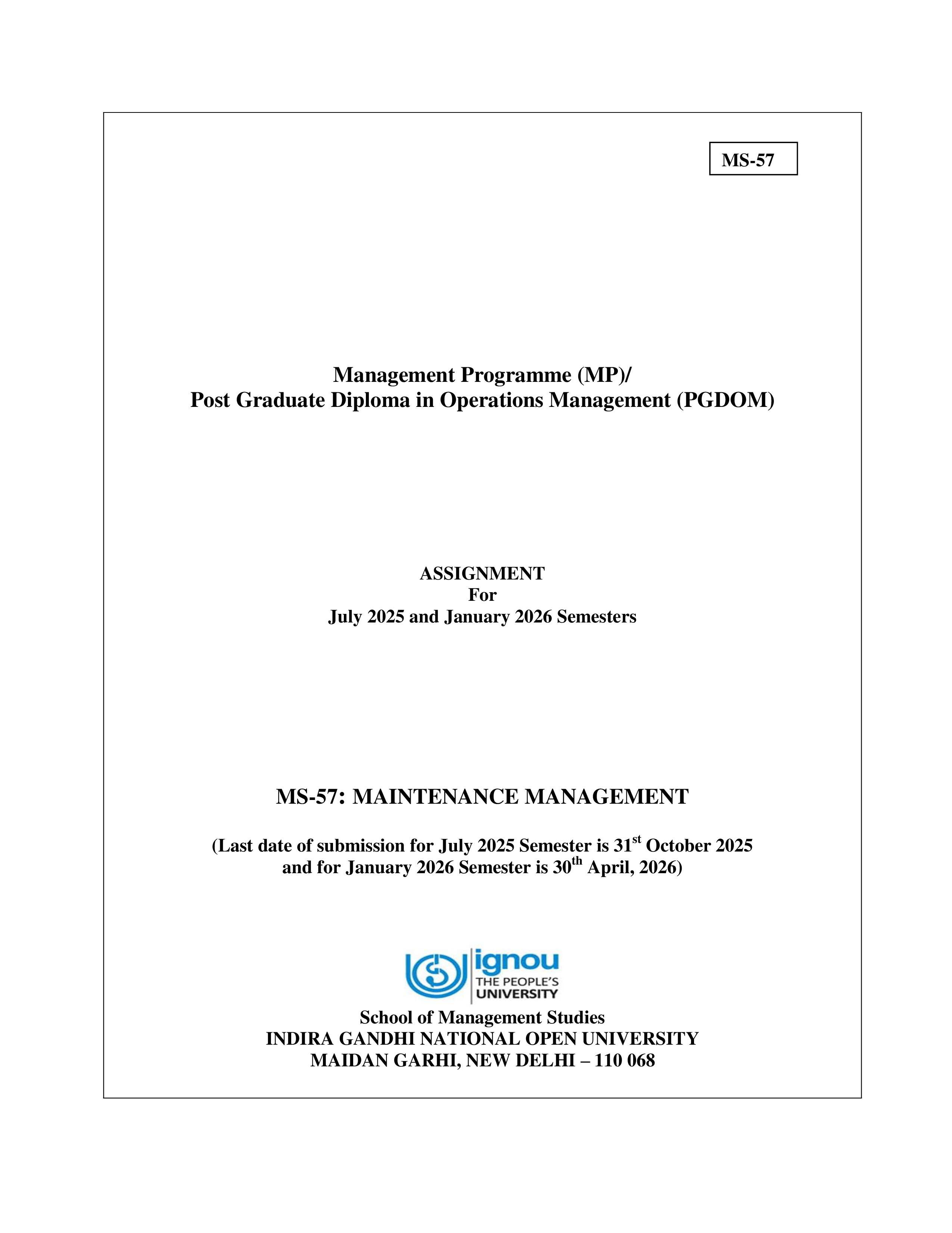 IGNOU MS 057 Solved Assignment 2025-2026 – Maintenance Management (English) | IGNOU Students Portal