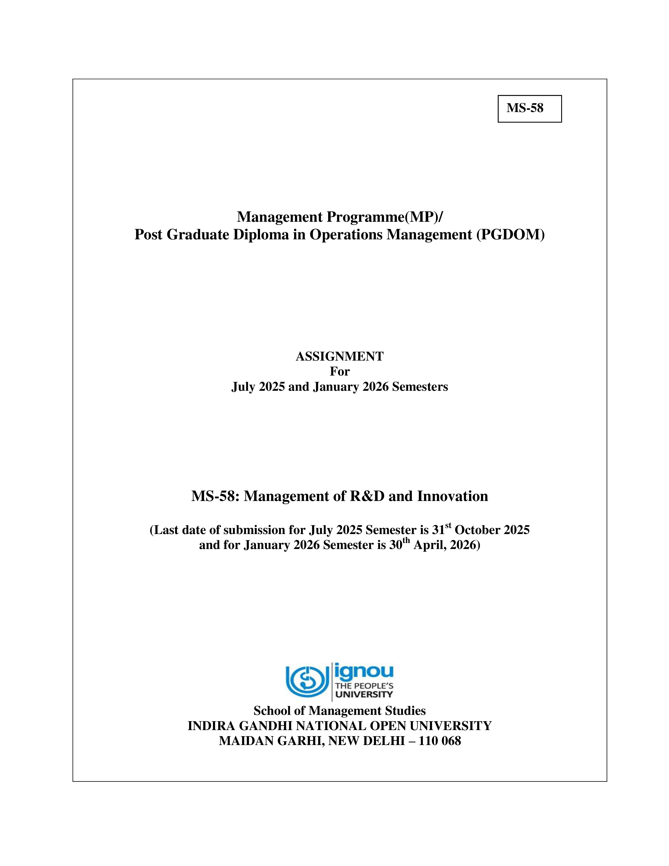 IGNOU MS 058 Solved Assignment 2025-2026 – Management of R&D Innovation (English) | IGNOU Students Portal