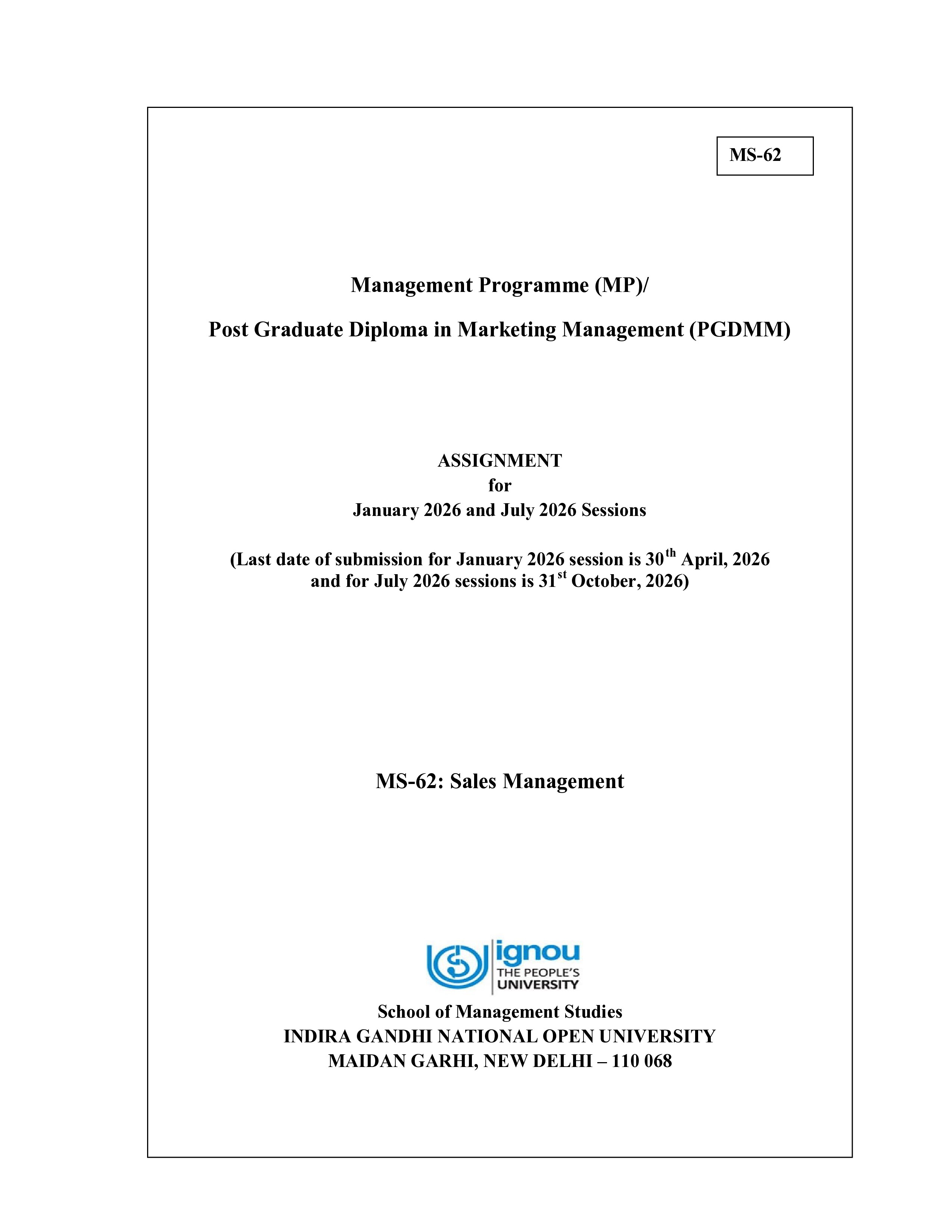IGNOU MS 062 Solved Assignment 2026-26 – Sales Management (English) | IGNOU Students Portal