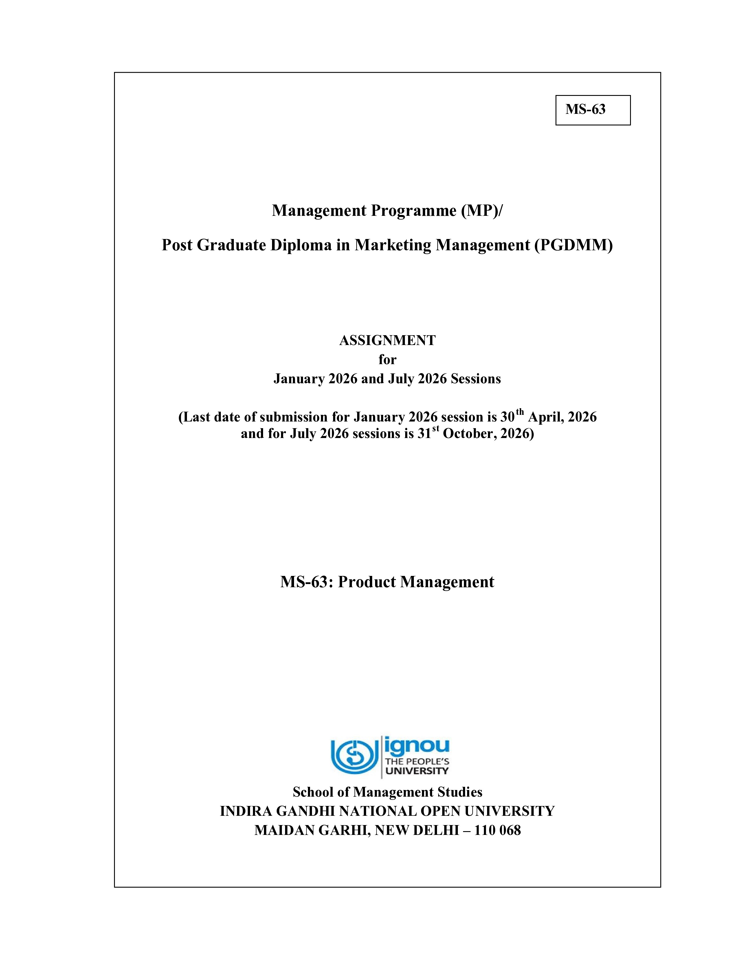 IGNOU MS 063 Solved Assignment 2026-26 – Product Management (English) | IGNOU Students Portal