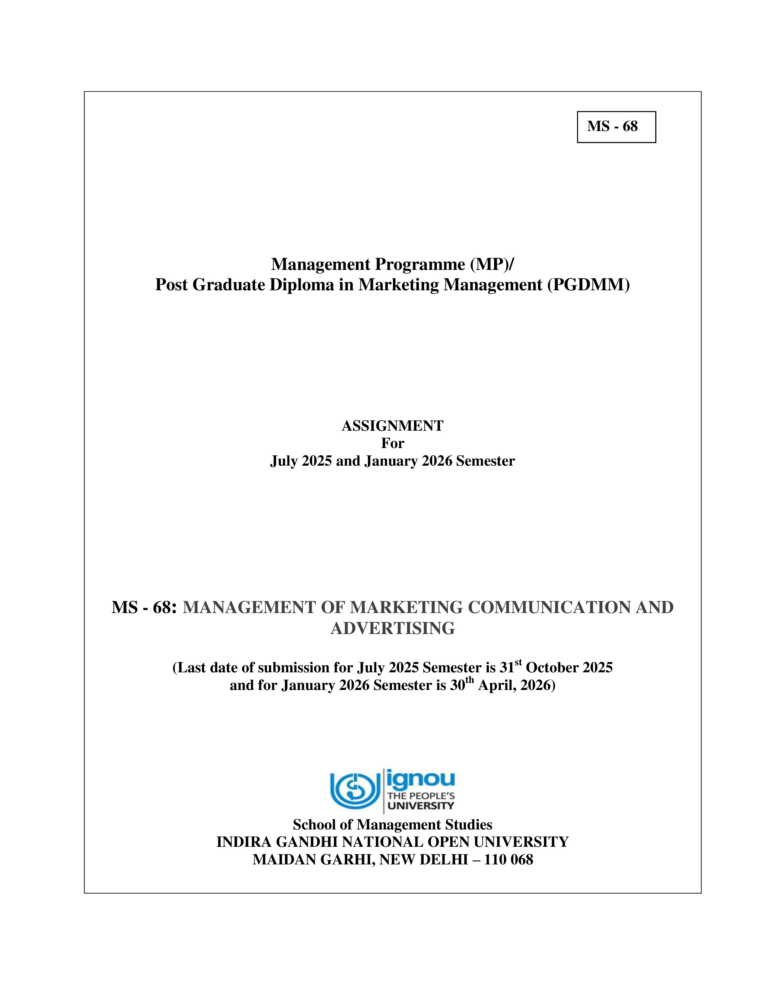 IGNOU MS 068 Solved Assignment 2025-2026 – Management of Marketing Communication and Advertising (English) | IGNOU Students Portal