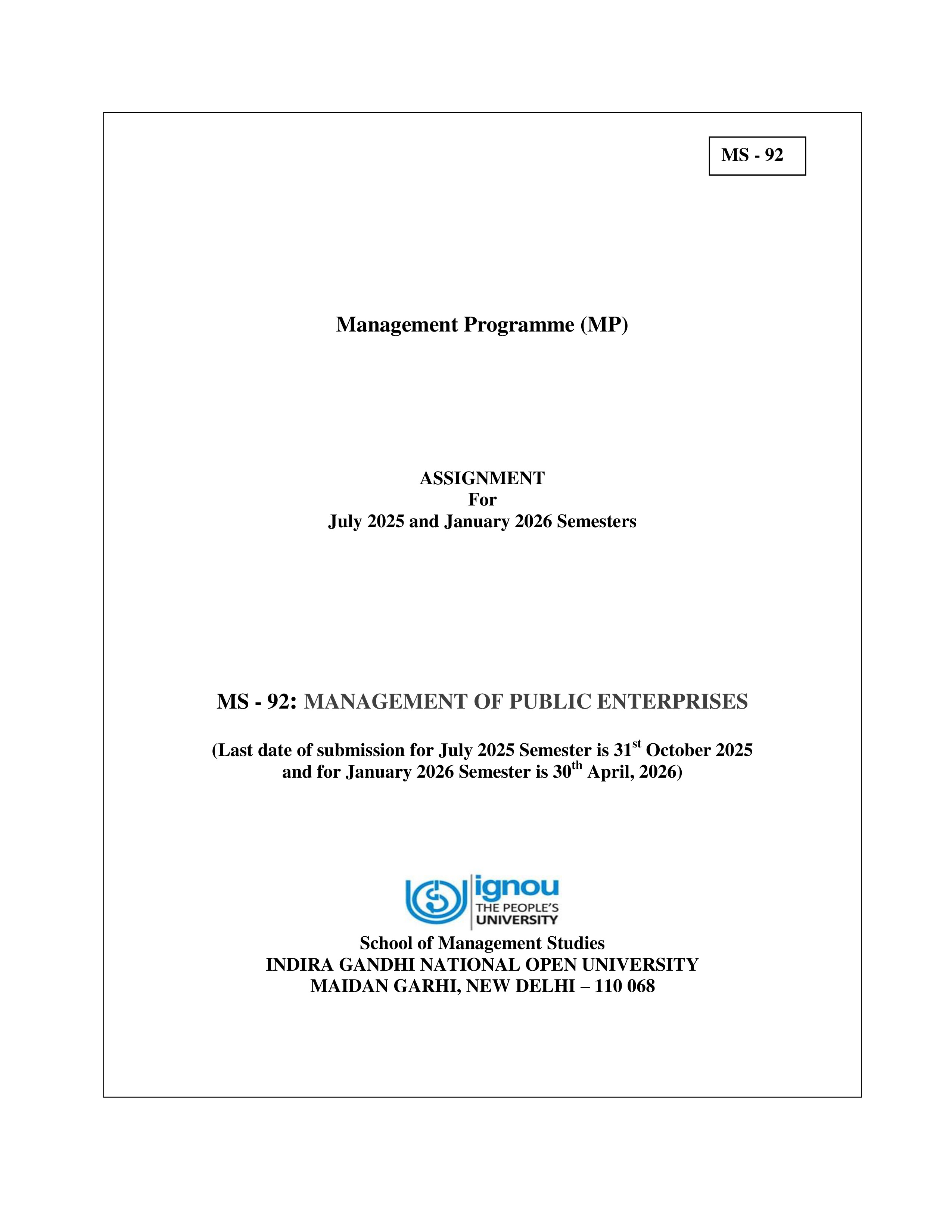 IGNOU MS 092 Solved Assignment 2025-2026 – Management of Public Enterprises (English) | IGNOU Students Portal