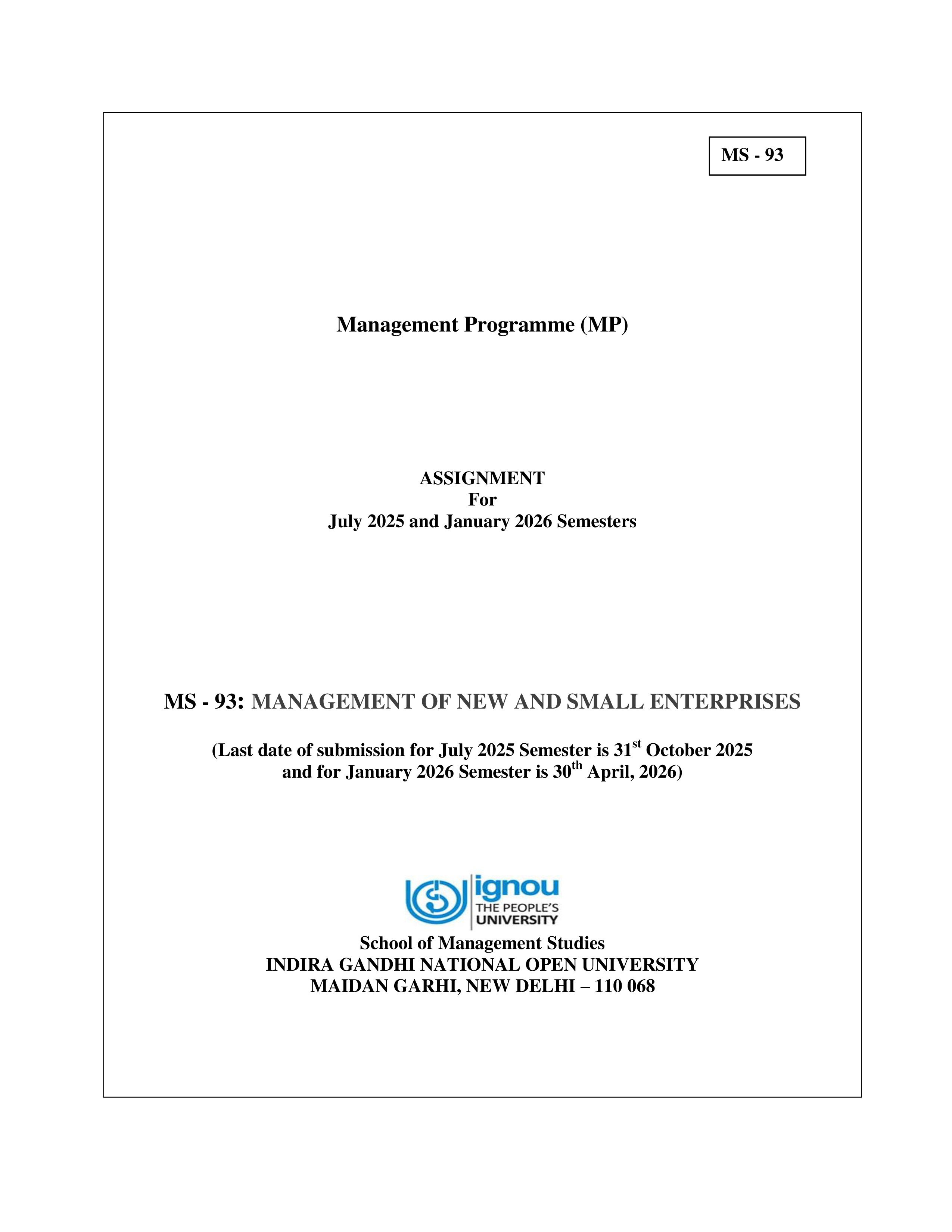 IGNOU MS 093 Solved Assignment 2025-2026 – Management of New and Small Enterprises (English) | IGNOU Students Portal
