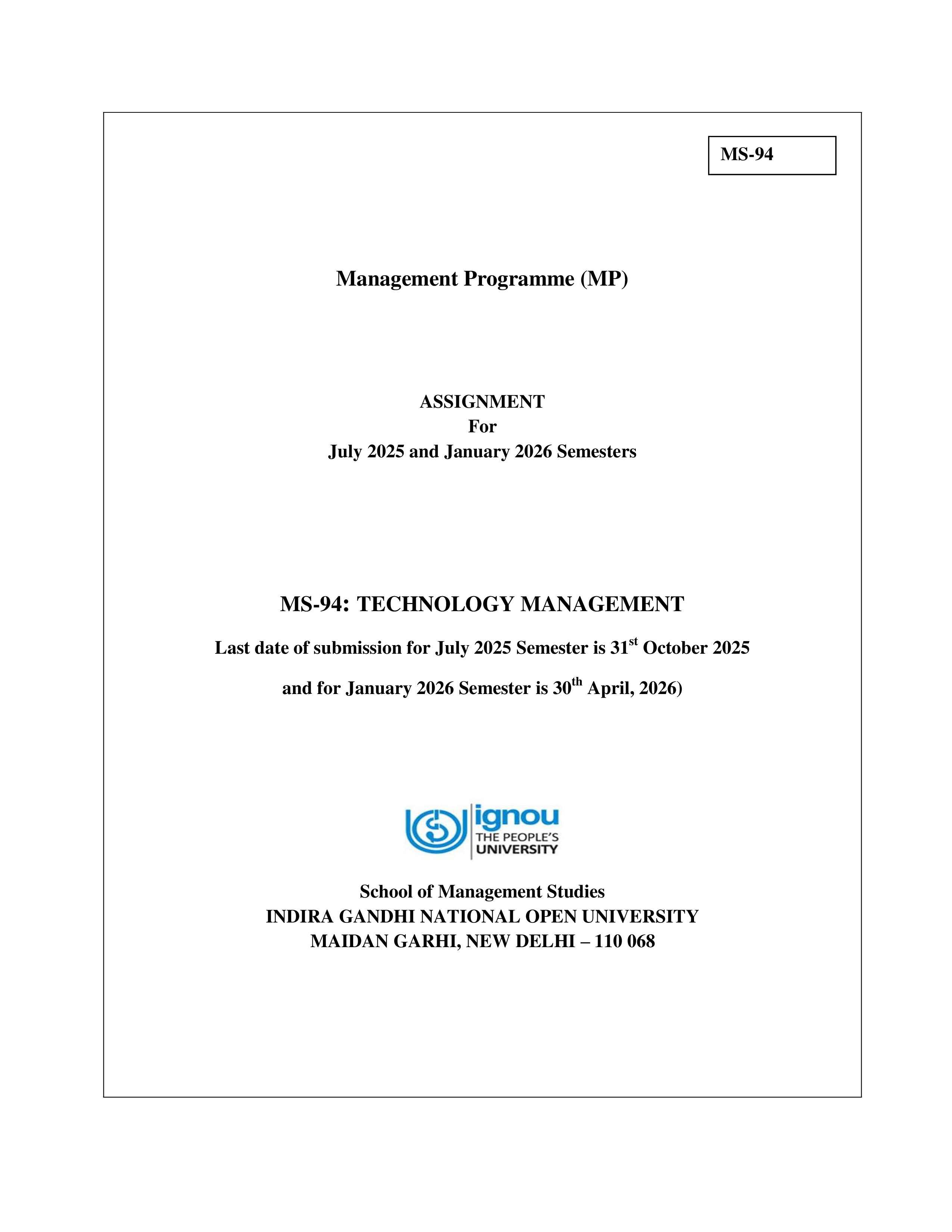 IGNOU MS 094 Solved Assignment 2025-2026 – Technology Management (English) | IGNOU Students Portal