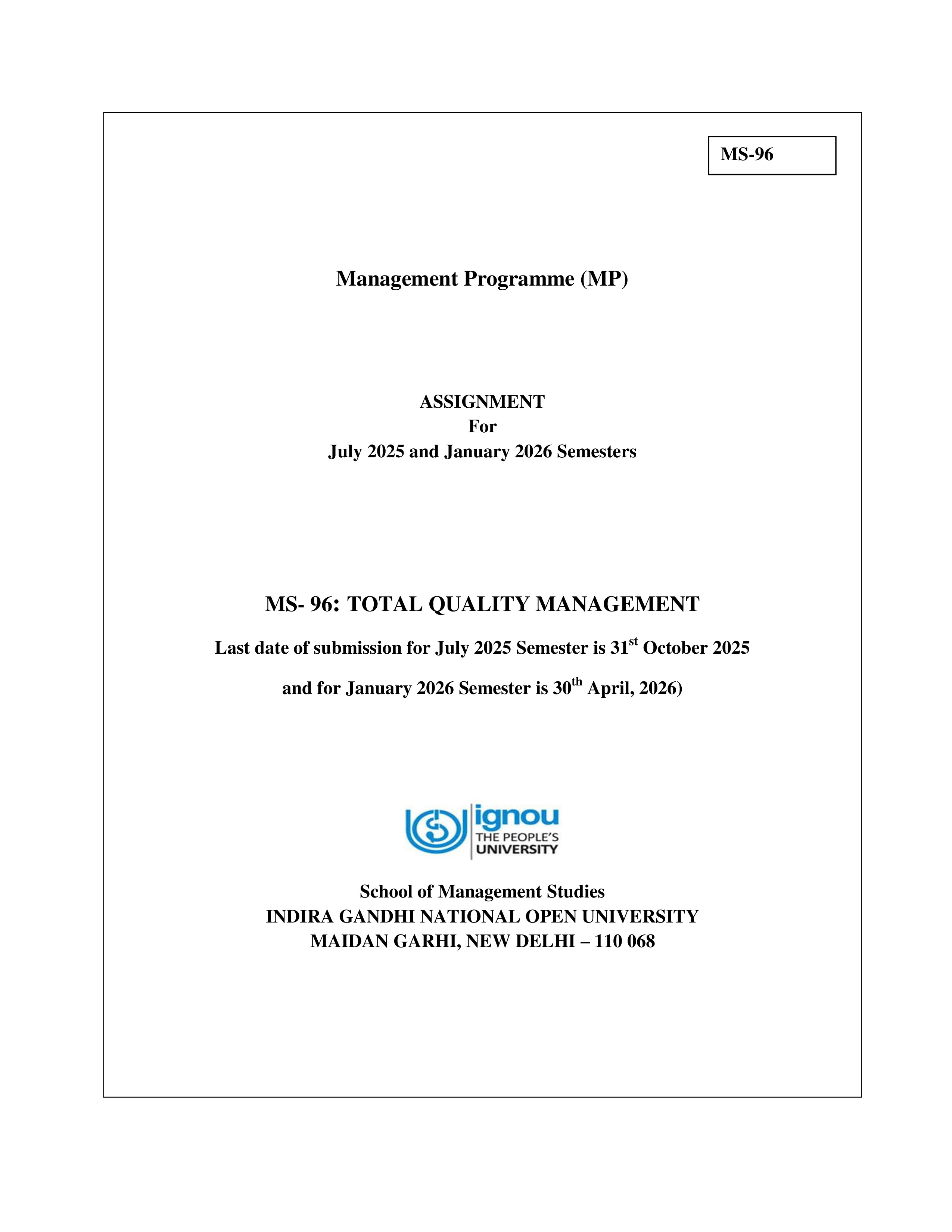 IGNOU MS 096 Solved Assignment 2025-2026 – Total Quality Management (English) | IGNOU Students Portal
