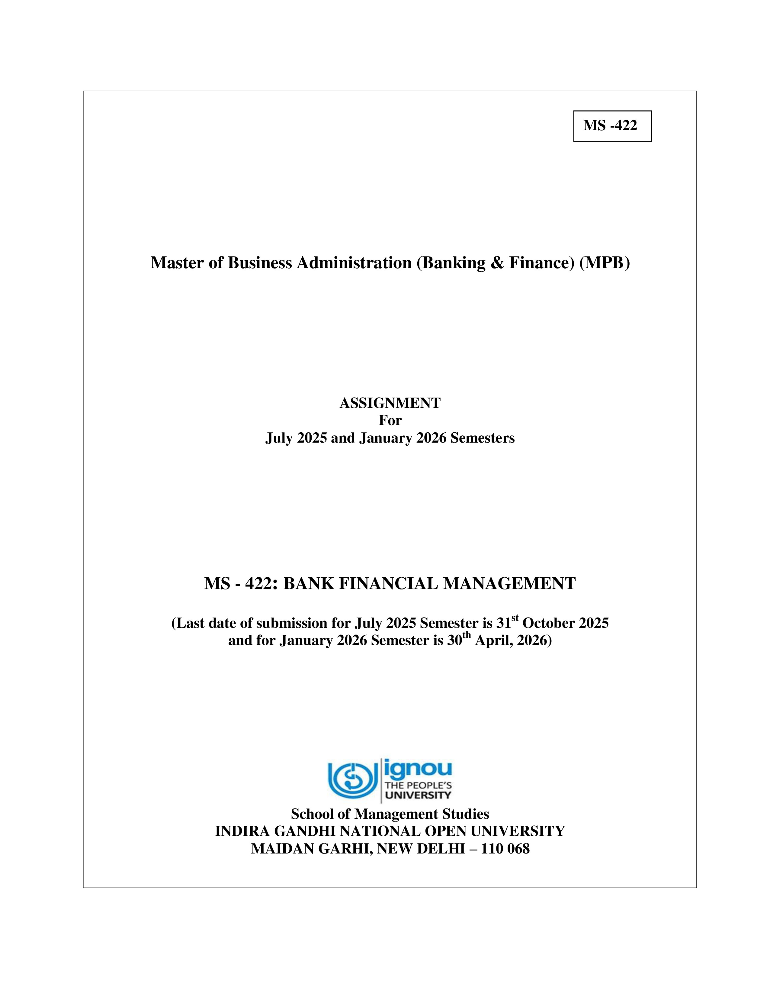 IGNOU MS 422 Solved Assignment 2025-2026 – Bank Financial Management (English) | IGNOU Students Portal