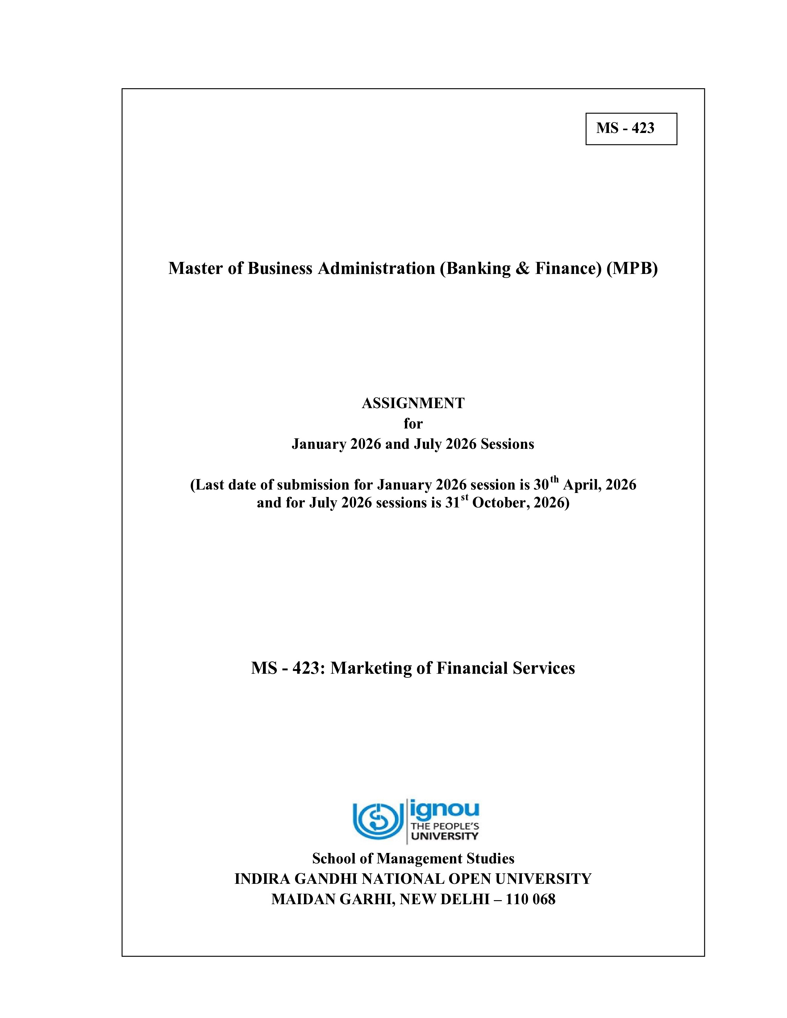 IGNOU MS 423 Solved Assignment 2026-26 – Marketing of Financial Services (English) | IGNOU Students Portal