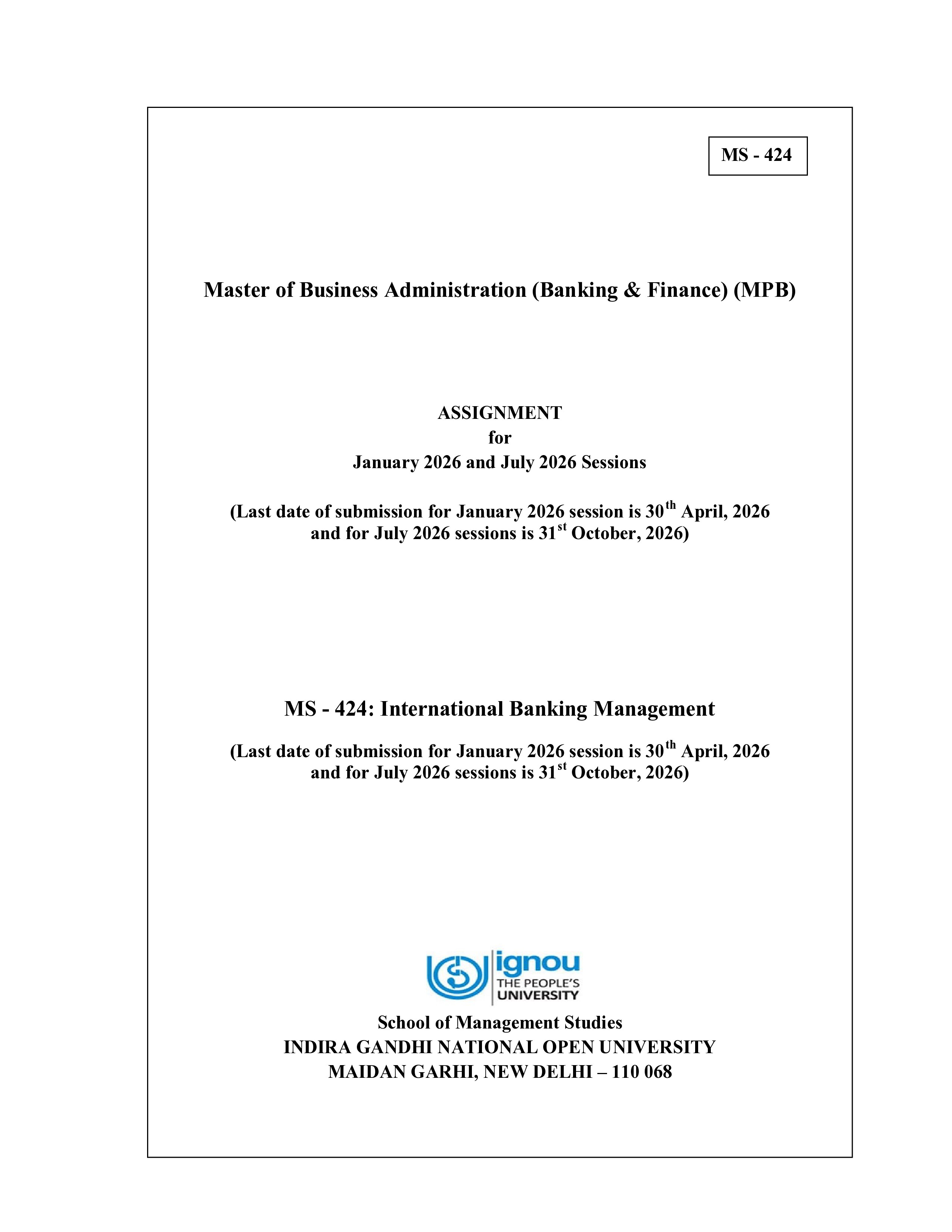 IGNOU MS 424 Solved Assignment 2026-26 – International Banking Management (English) | IGNOU Students Portal