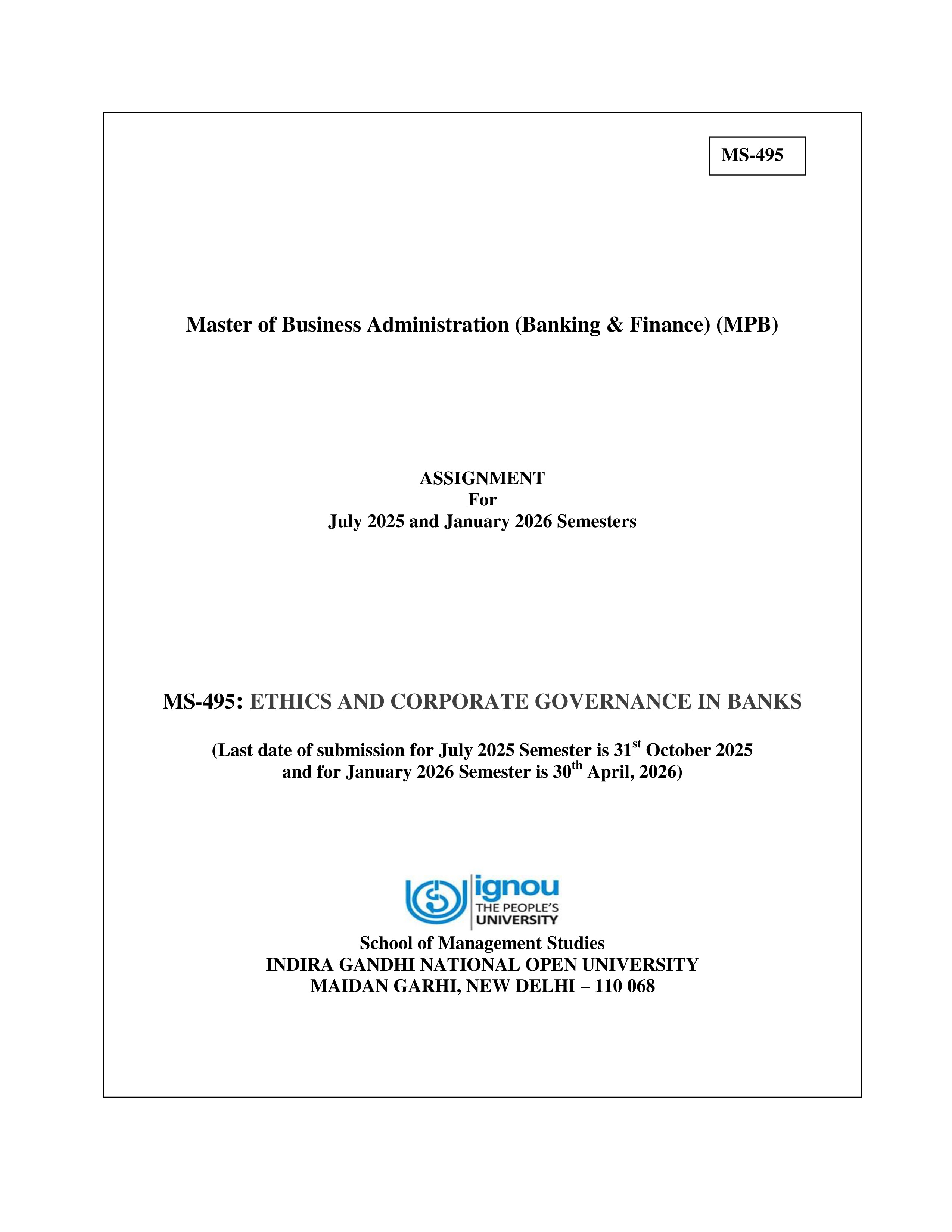 IGNOU MS 495 Solved Assignment 2025-2026 – Ethics and Corporate Governance in Banks (English) | IGNOU Students Portal
