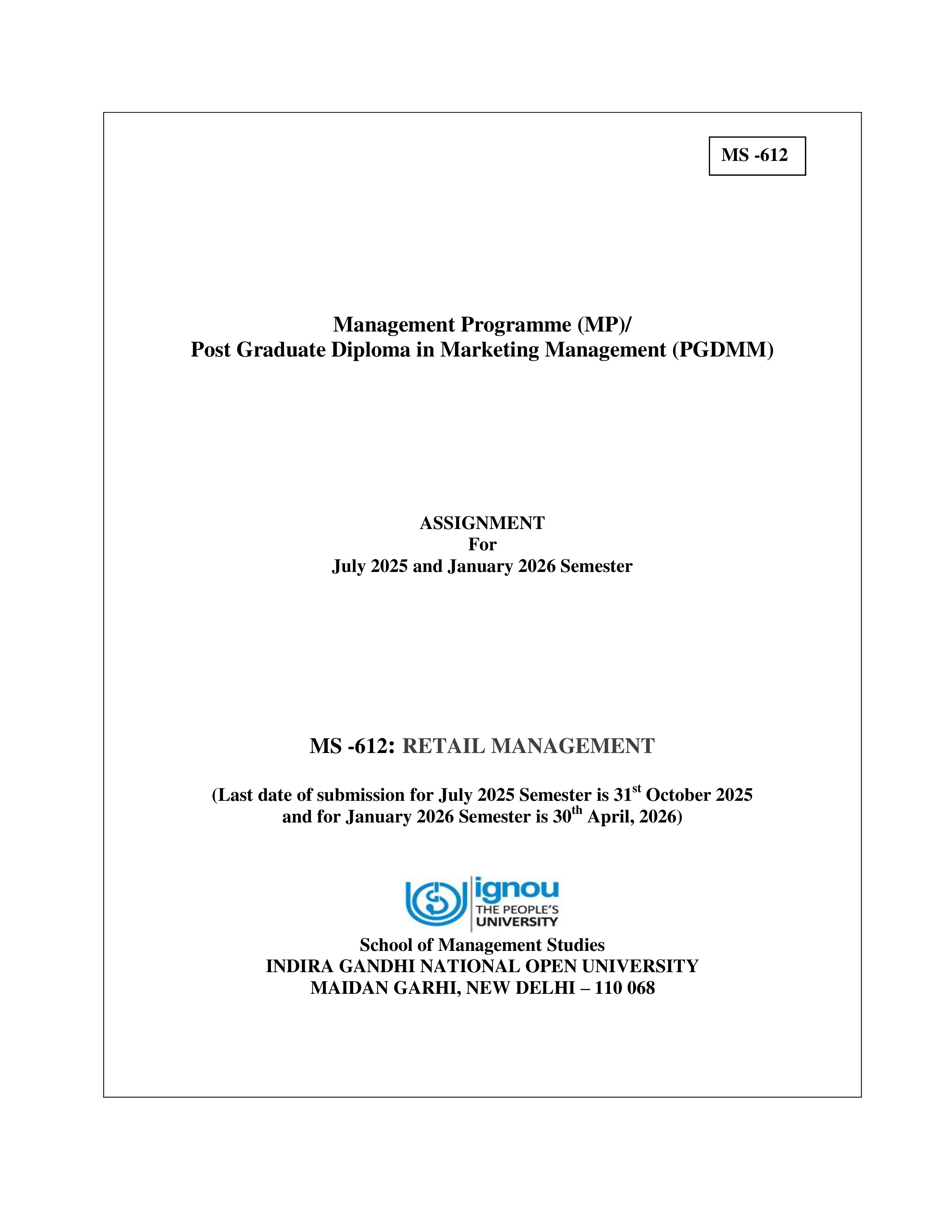 IGNOU MS 612 Solved Assignment 2025-2026 – Retail Management (English) | IGNOU Students Portal