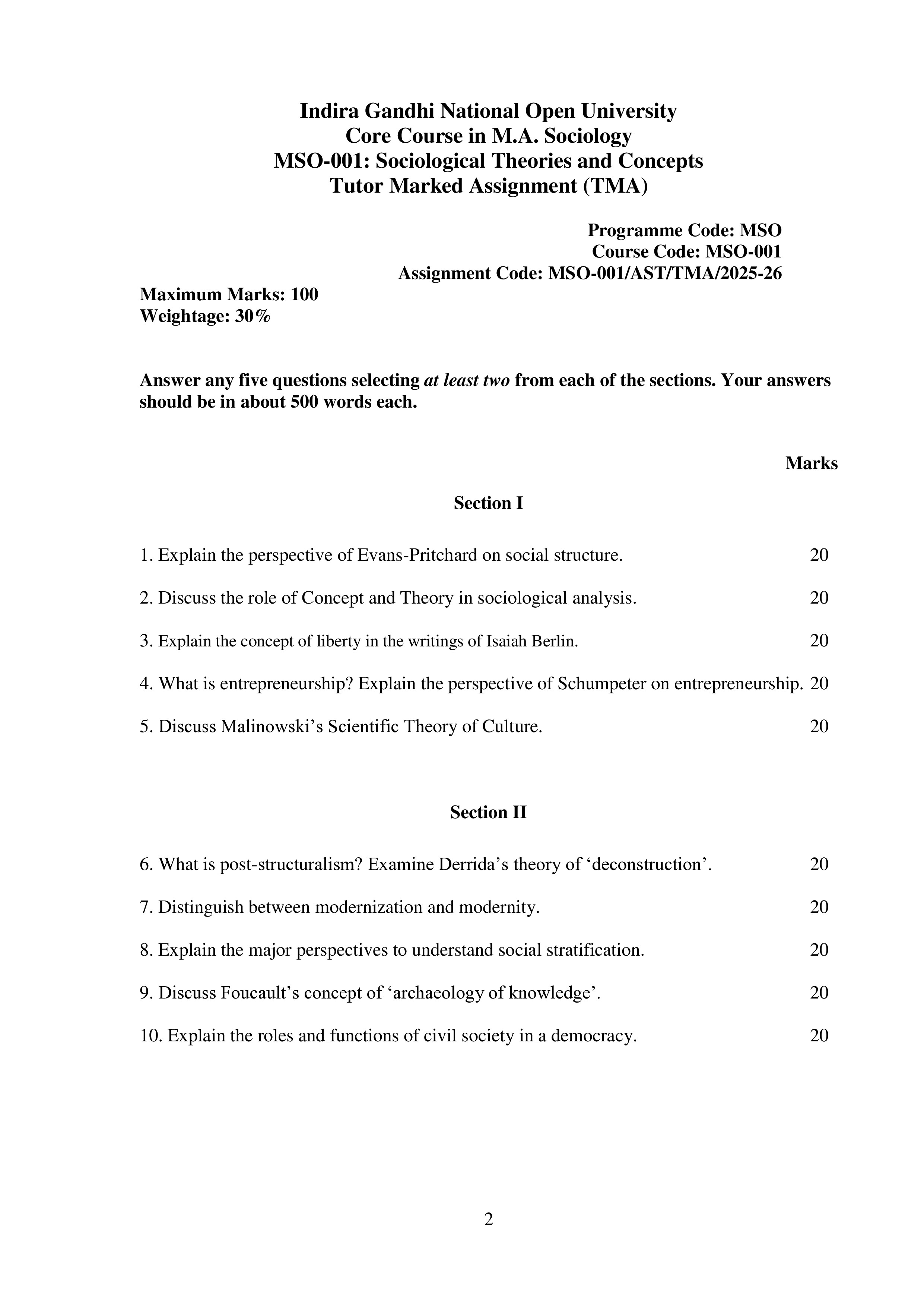 IGNOU MSO 001 Solved Assignment 2025-2026 – Sociological Theories and Concepts (English) | IGNOU Students Portal