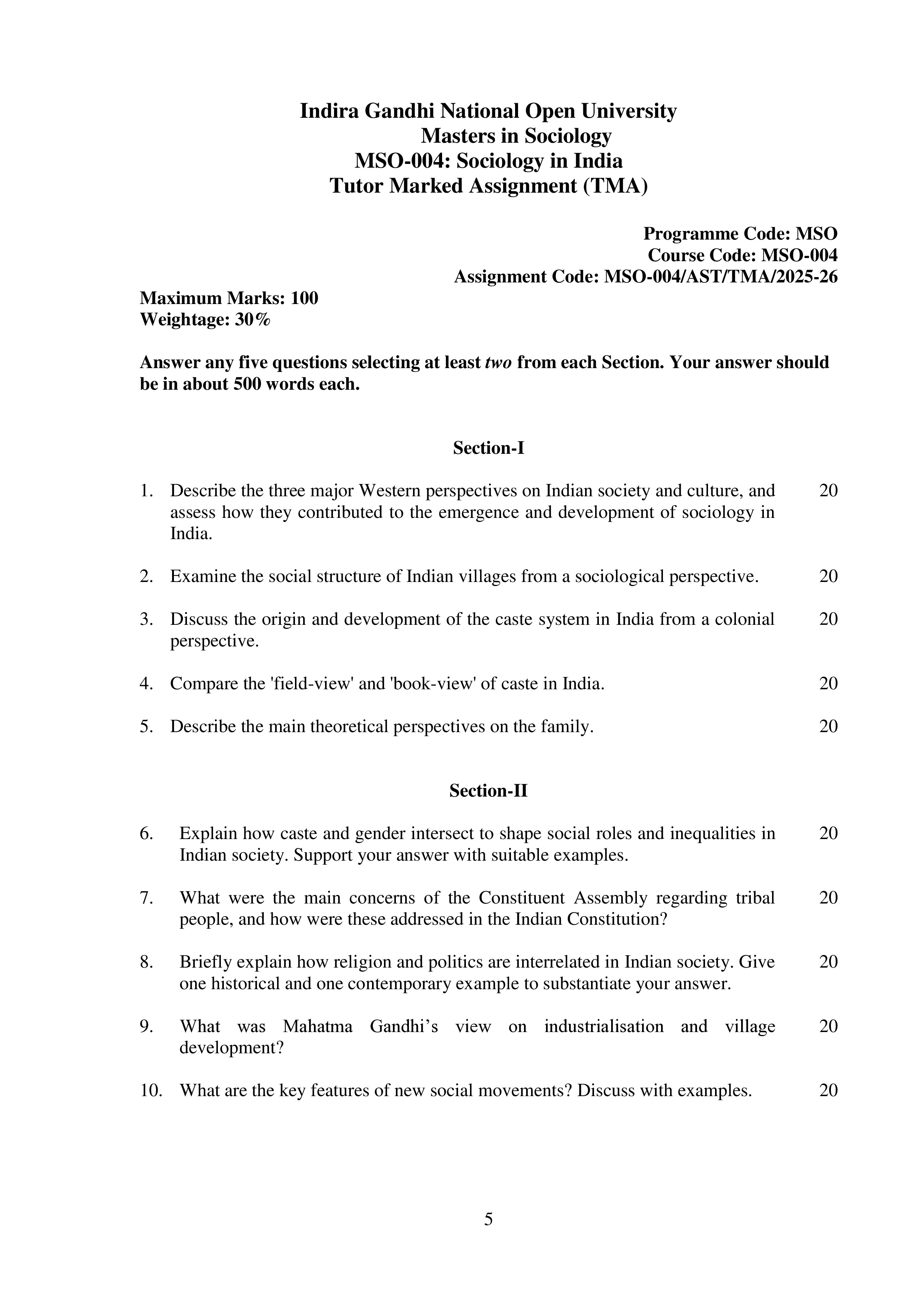 IGNOU MSO 004 Solved Assignment 2025-2026 – Sociology in India (English) | IGNOU Students Portal