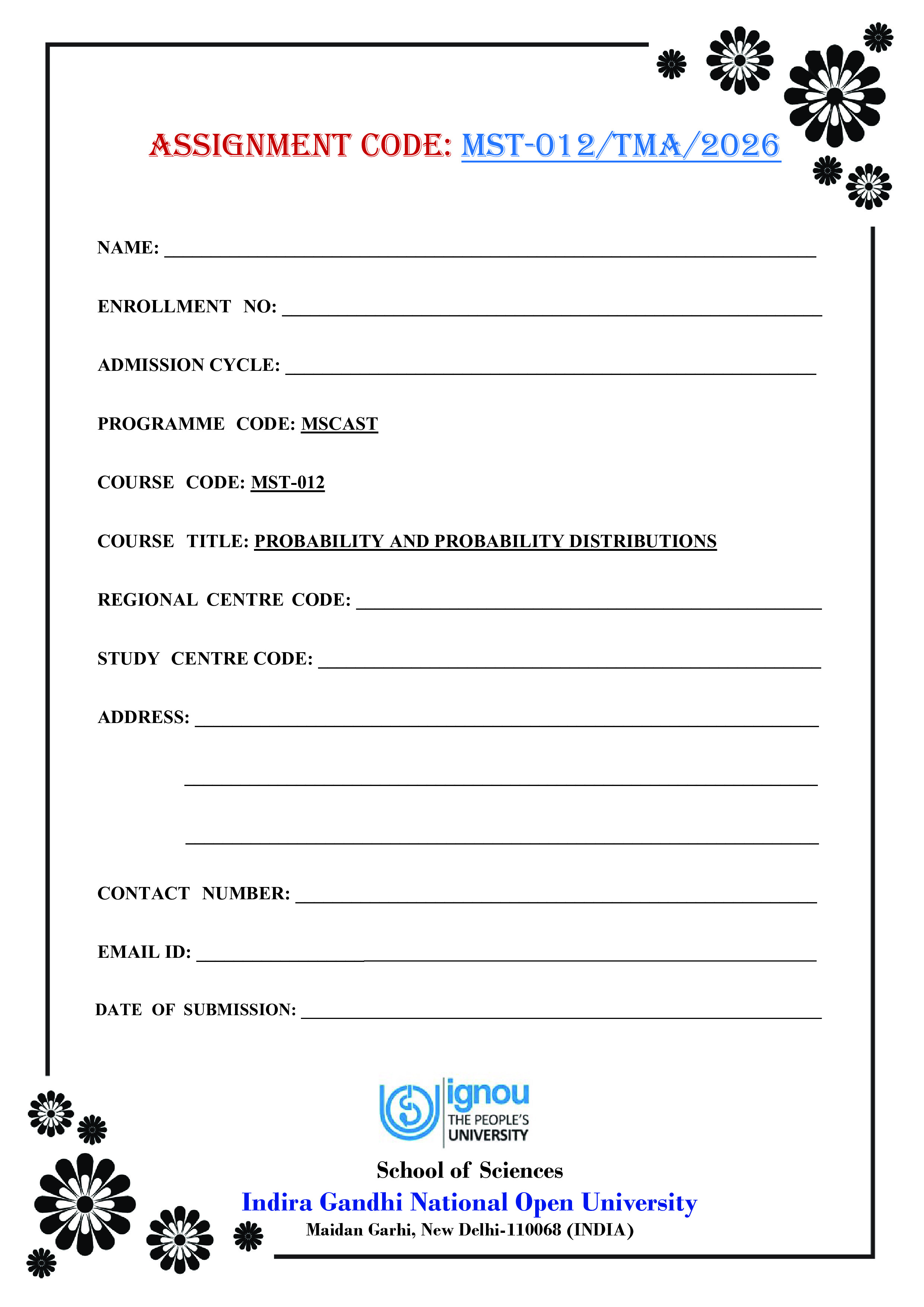 IGNOU MST 012 Solved Assignment 2026-26 – Probability and Probability Distributions (English) | IGNOU Students Portal