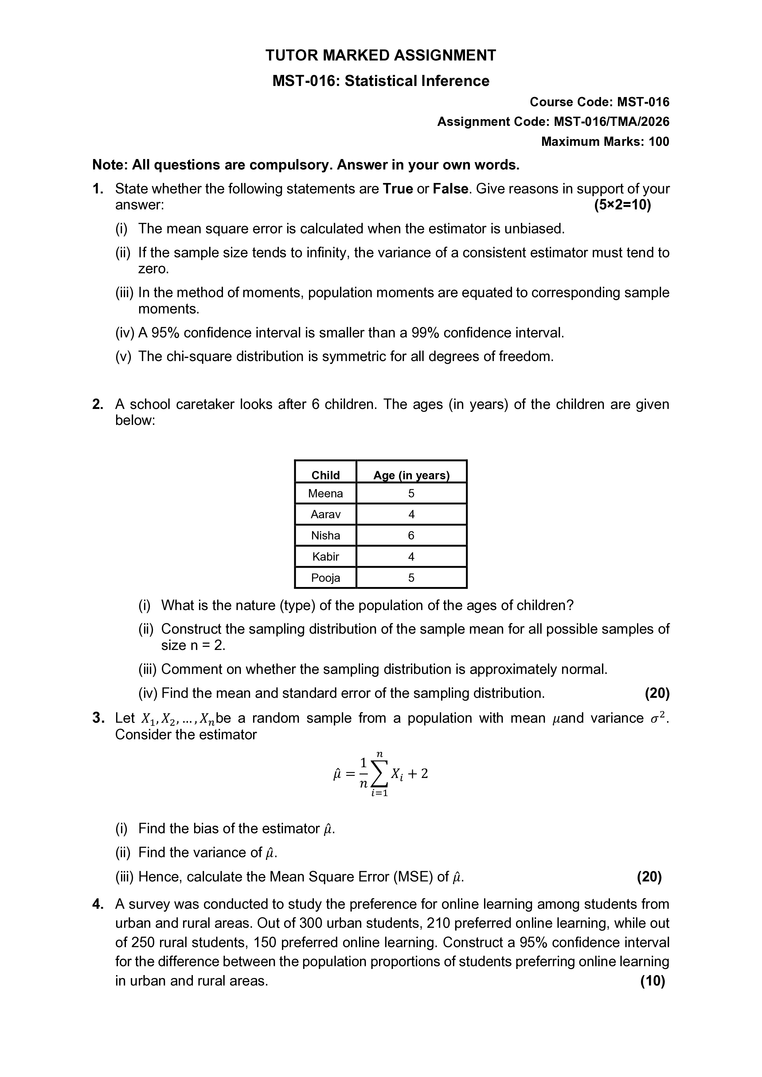 IGNOU MST 016 Solved Assignment 2026-26 – Statistical Inference (English) | IGNOU Students Portal