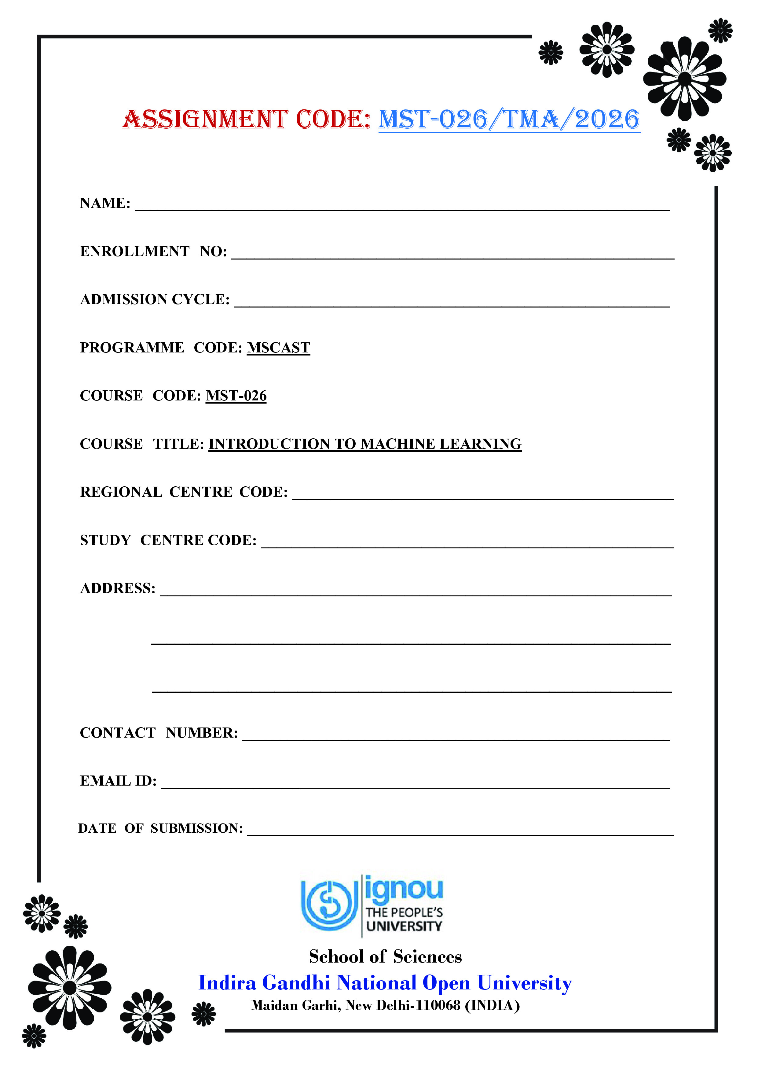 IGNOU MST 026 Solved Assignment 2026-26 – Introduction to Machine Learning (English) | IGNOU Students Portal