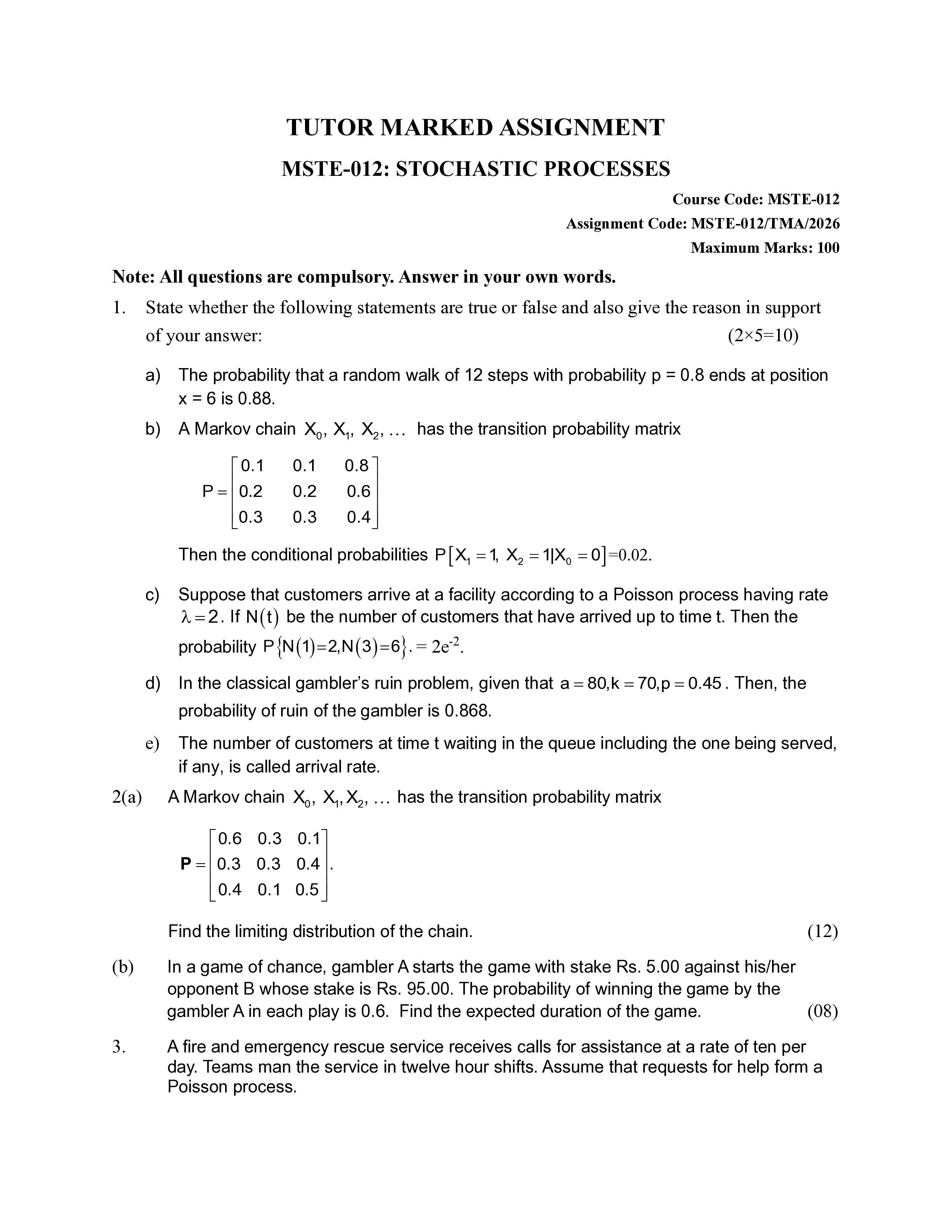 IGNOU MSTE 012 Solved Assignment 2026-26 – Stochastic Processes (English) | IGNOU Students Portal