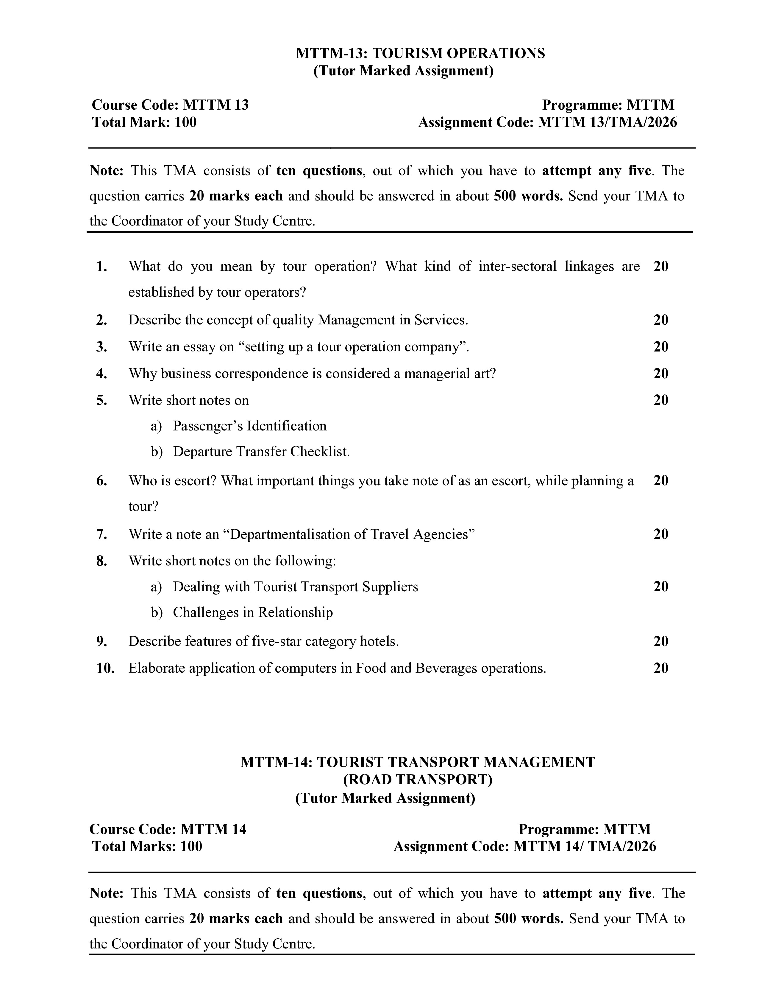 IGNOU MTTM 013 Solved Assignment 2026-26 – Tourism Operations (English) | IGNOU Students Portal