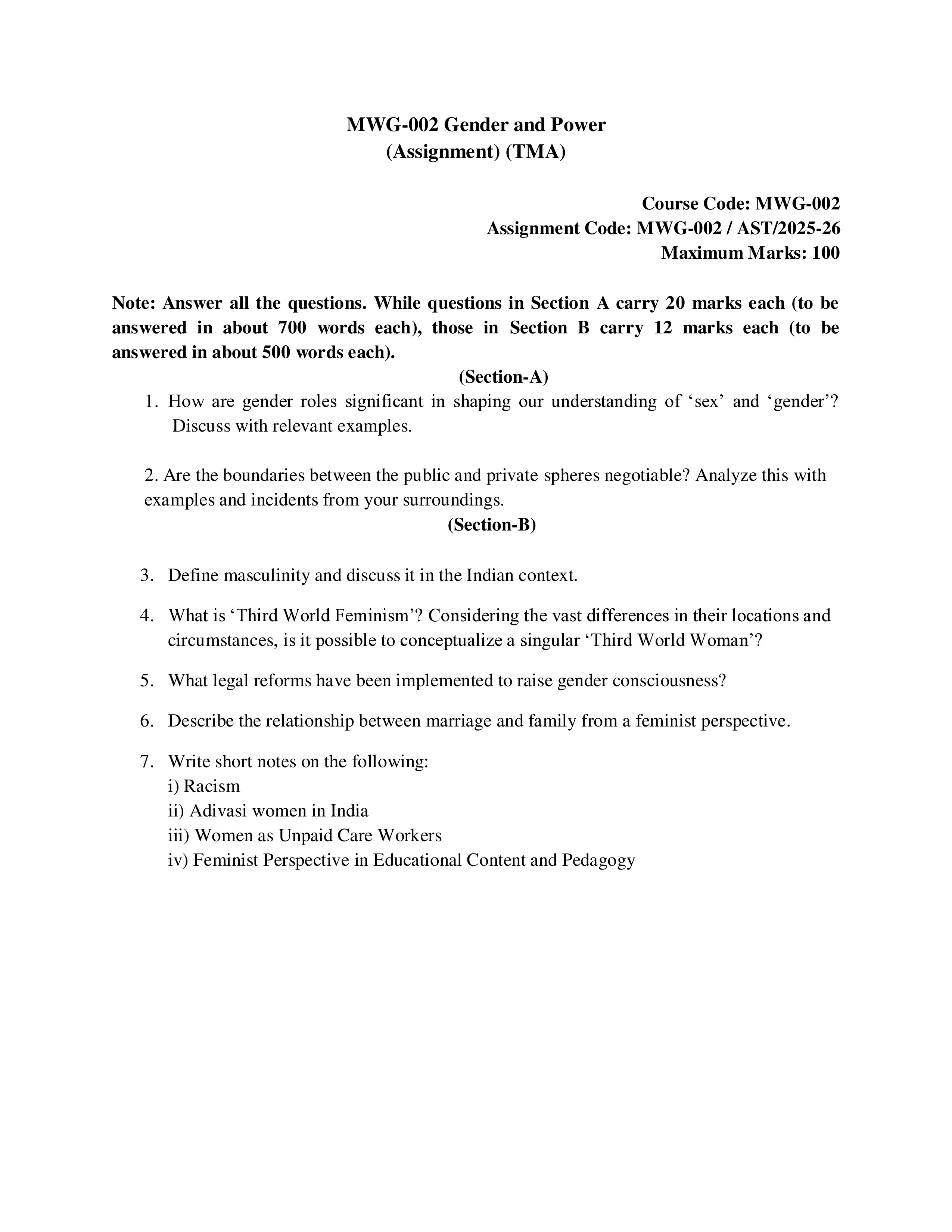 IGNOU MWG 002 Solved Assignment 2025-2026 – Gender and Power (English) | IGNOU Students Portal
